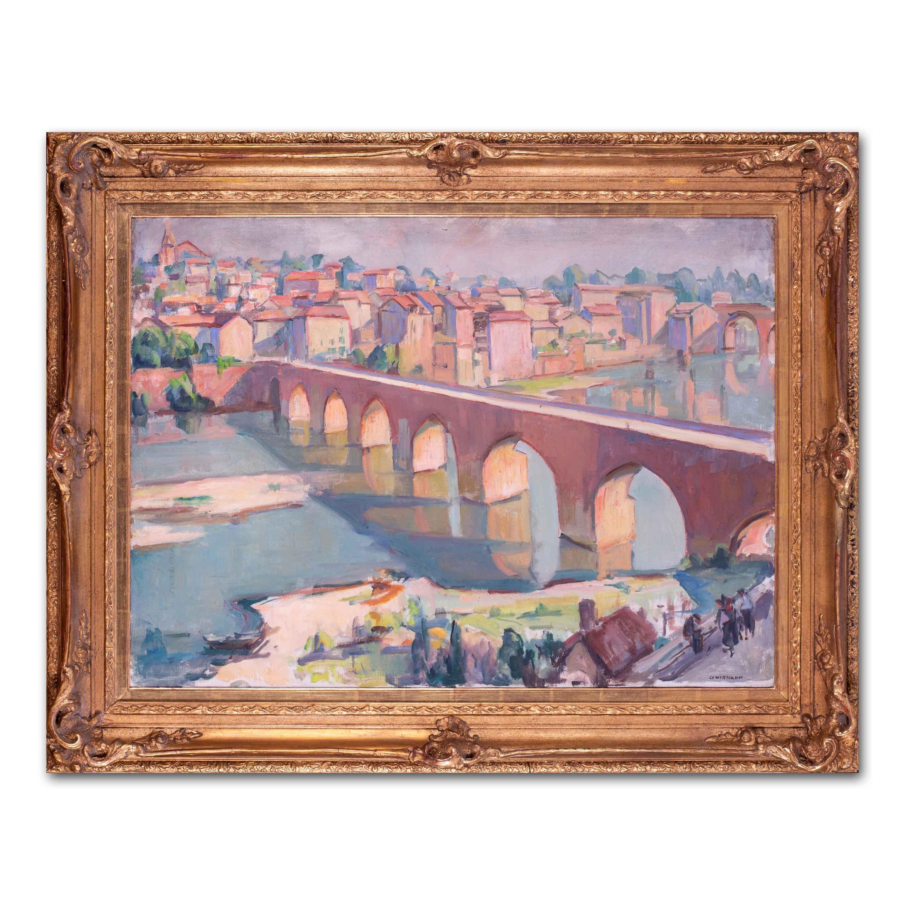 Post impressionist large summer oil painting of the Old Bridge at Albi, France For Sale 1