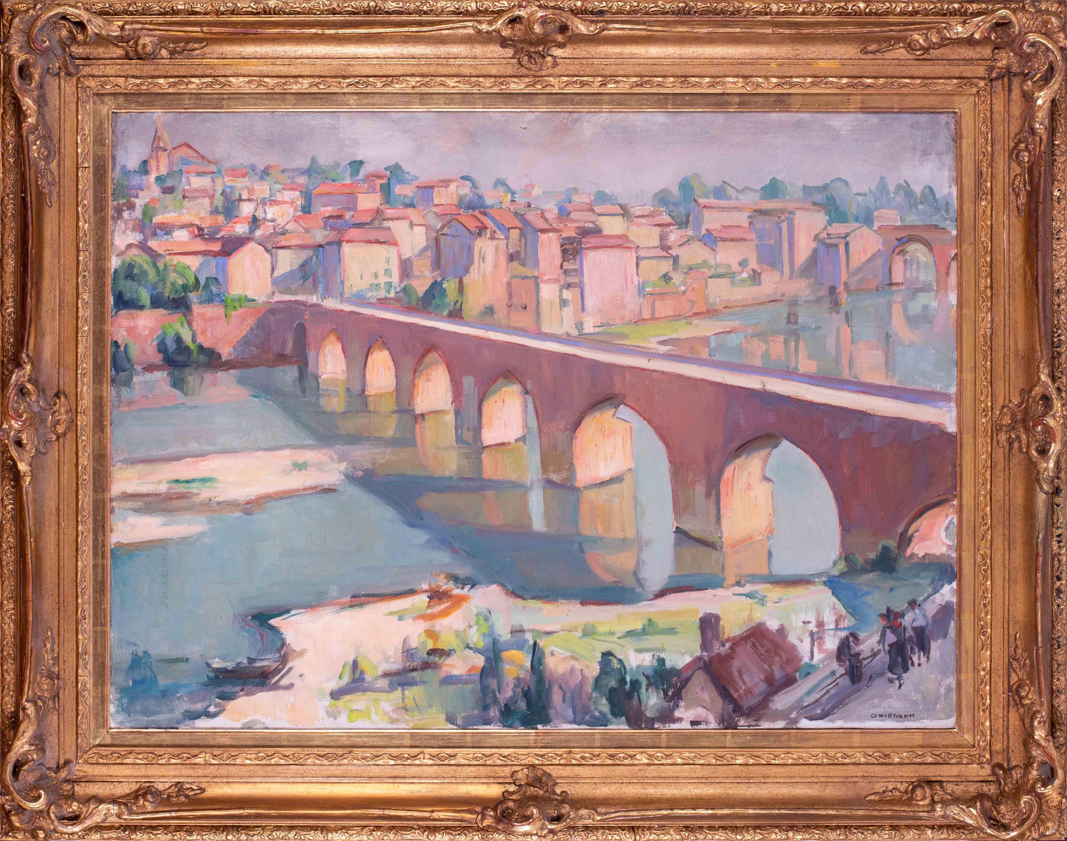 Post impressionist large summer oil painting of the Old Bridge at Albi, France