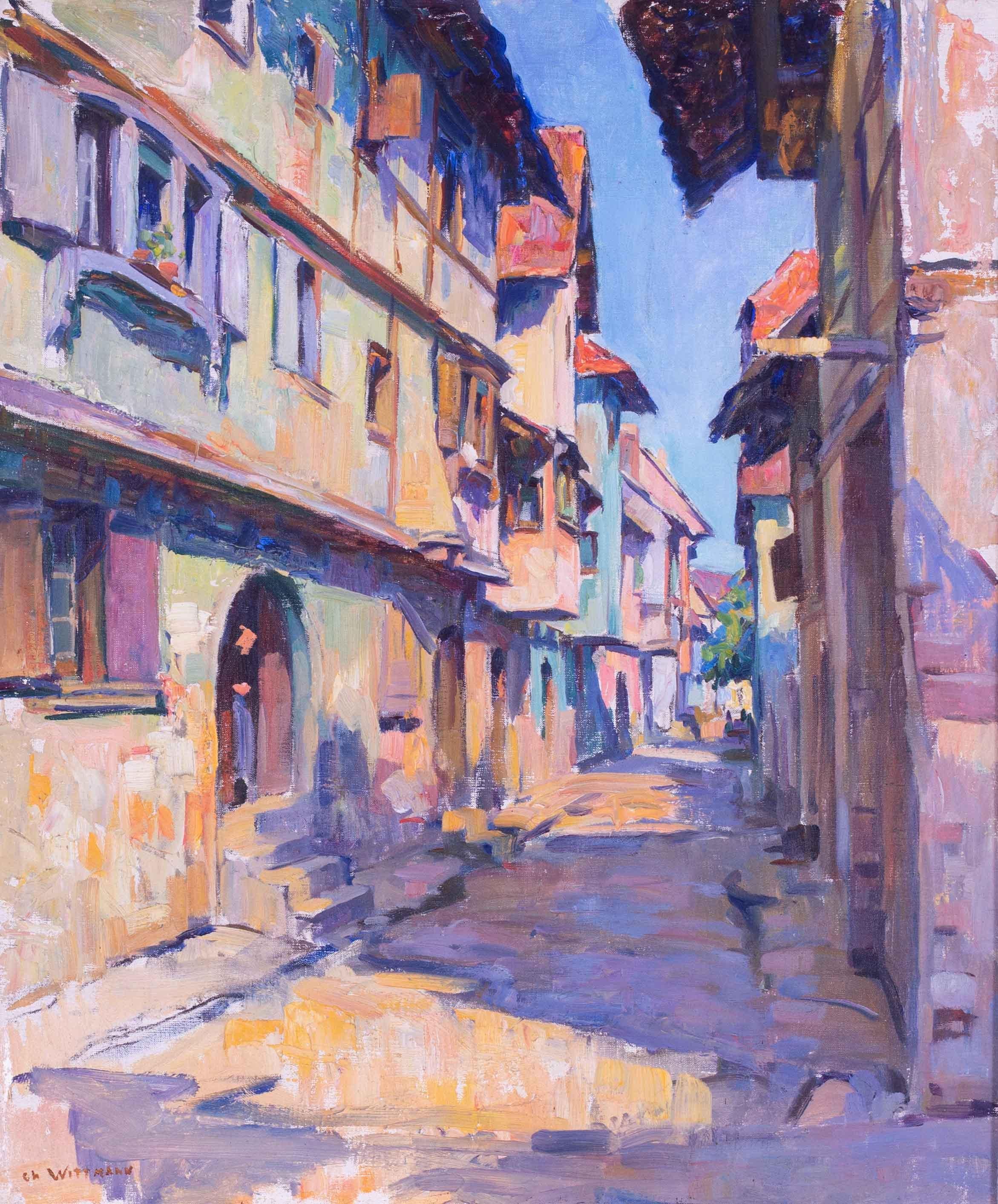 Post Impressionist oil painting of a street scene in Toul,  France  - Painting by Charles Wittmann