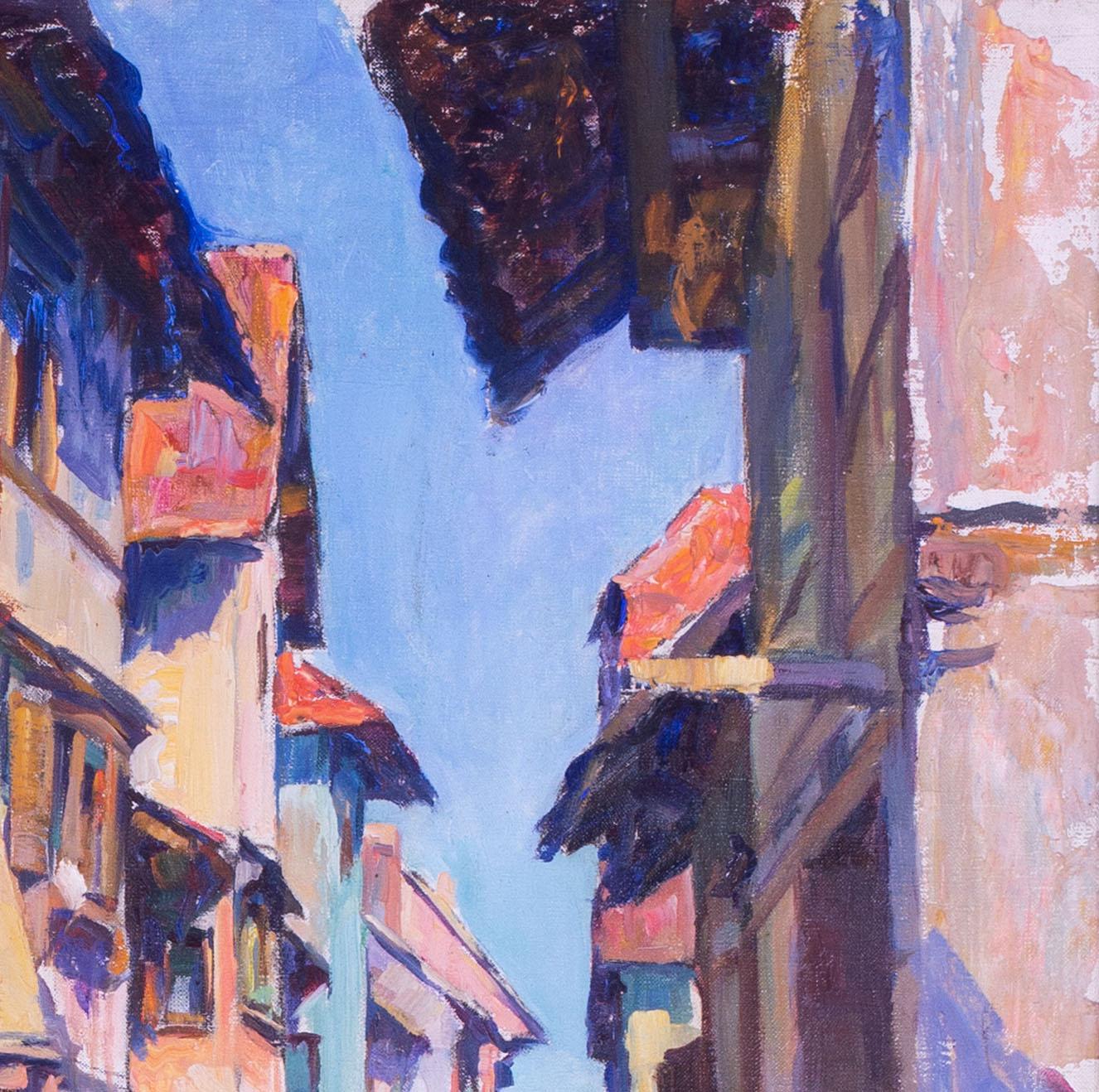 Post Impressionist oil painting of a street scene in Toul,  France  For Sale 1