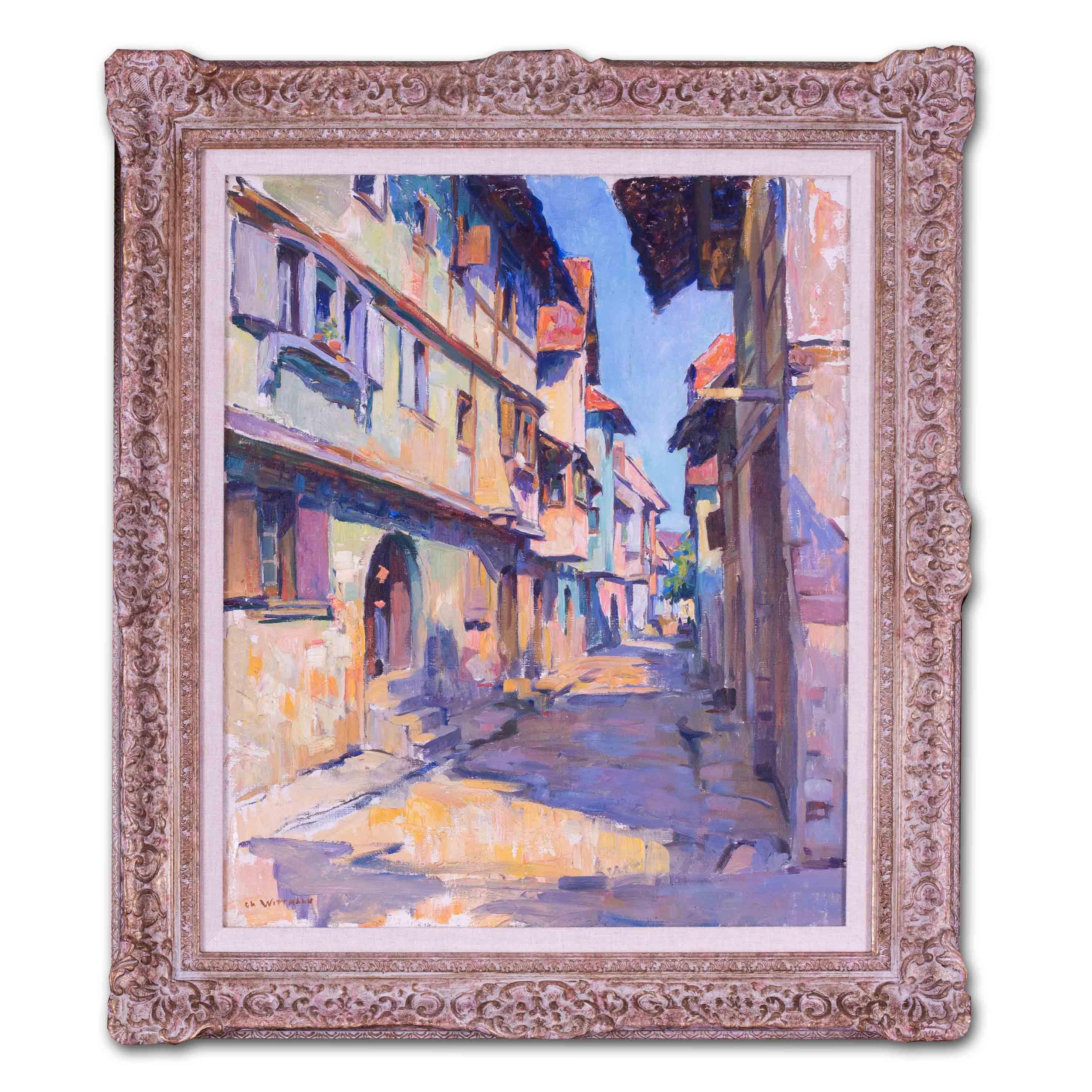 Post Impressionist oil painting of a street scene in Toul,  France  For Sale 2