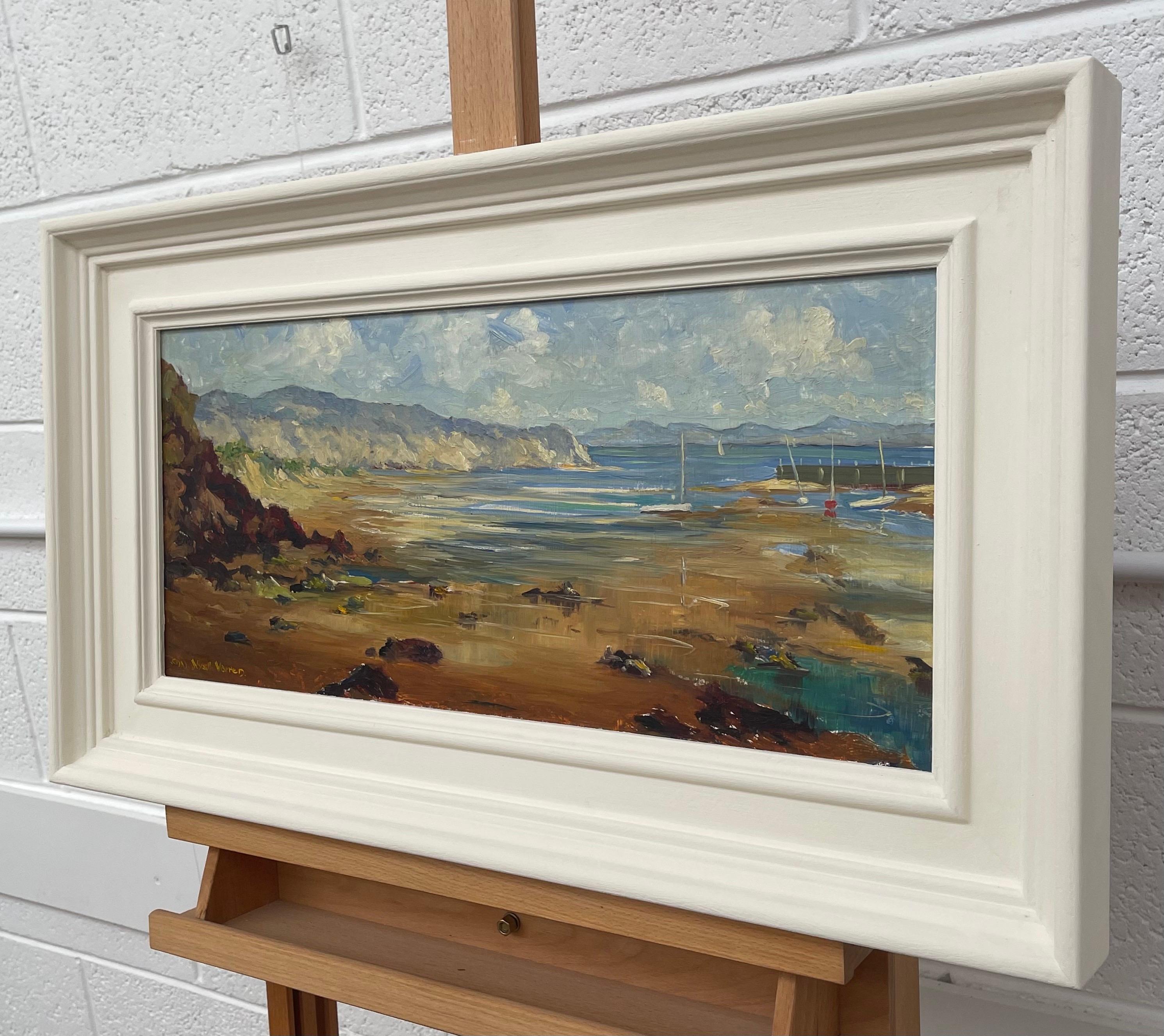 Pittura ad olio ad impasto di scena portuale in Wales di un artista britannico del XX secolo - Figurative Painting Beige di Charles Wyatt Warren