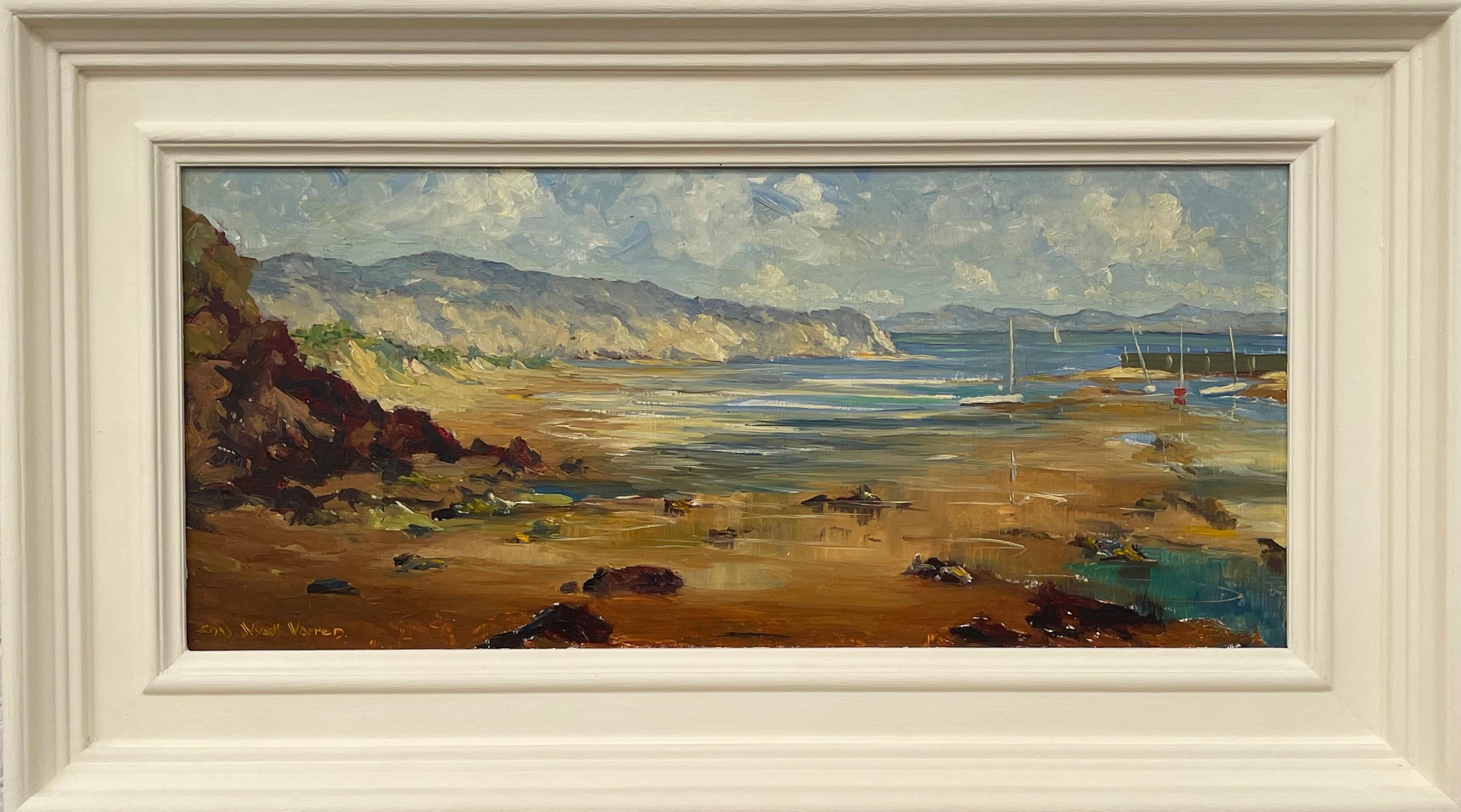 Pittura ad olio ad impasto di scena portuale in Wales di un artista britannico del XX secolo