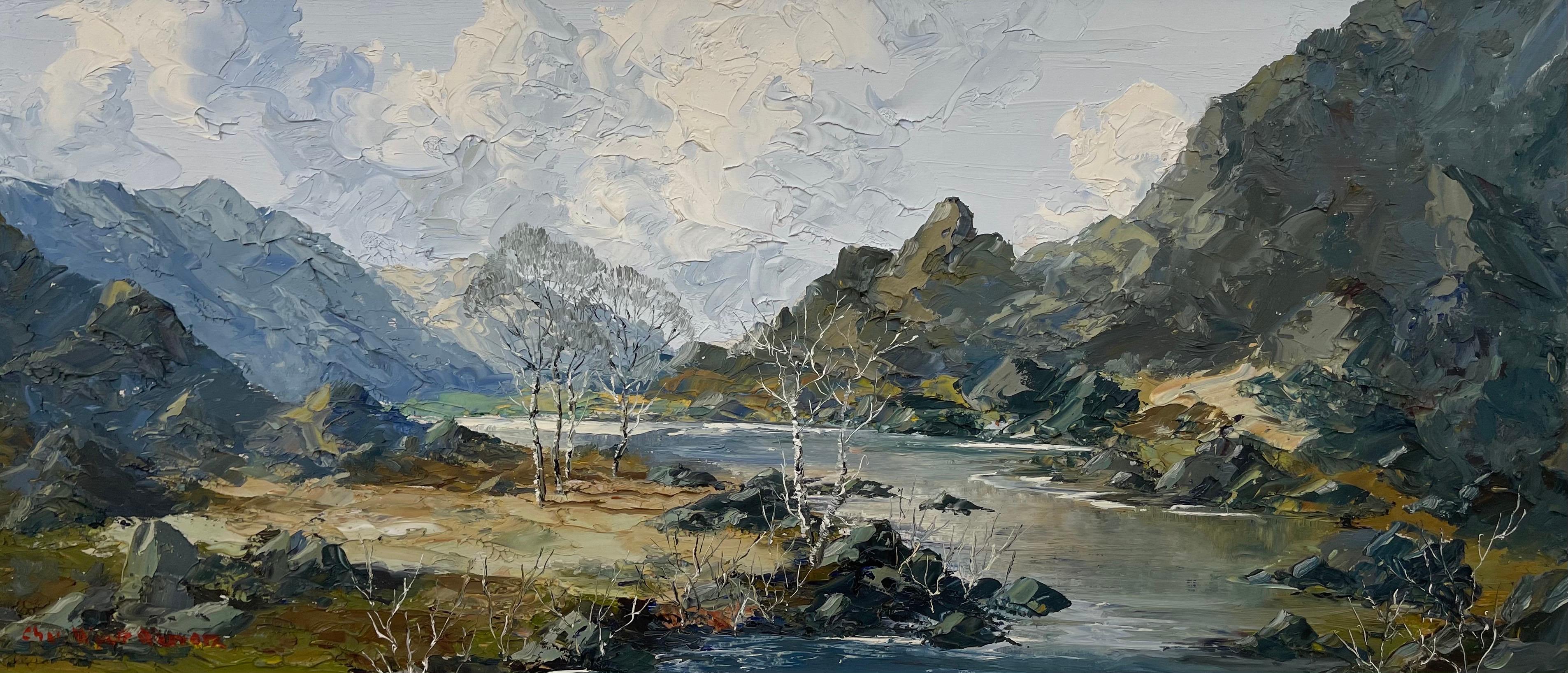 Impasto Oil Painting of River Mountain Scene in Wales by British Artist - Gray Landscape Painting by Charles Wyatt Warren