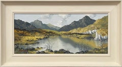 Peinture à l'huile à l'huile d'une scène de lac en vallée du Pays de Galles par un artiste britannique du 20e siècle