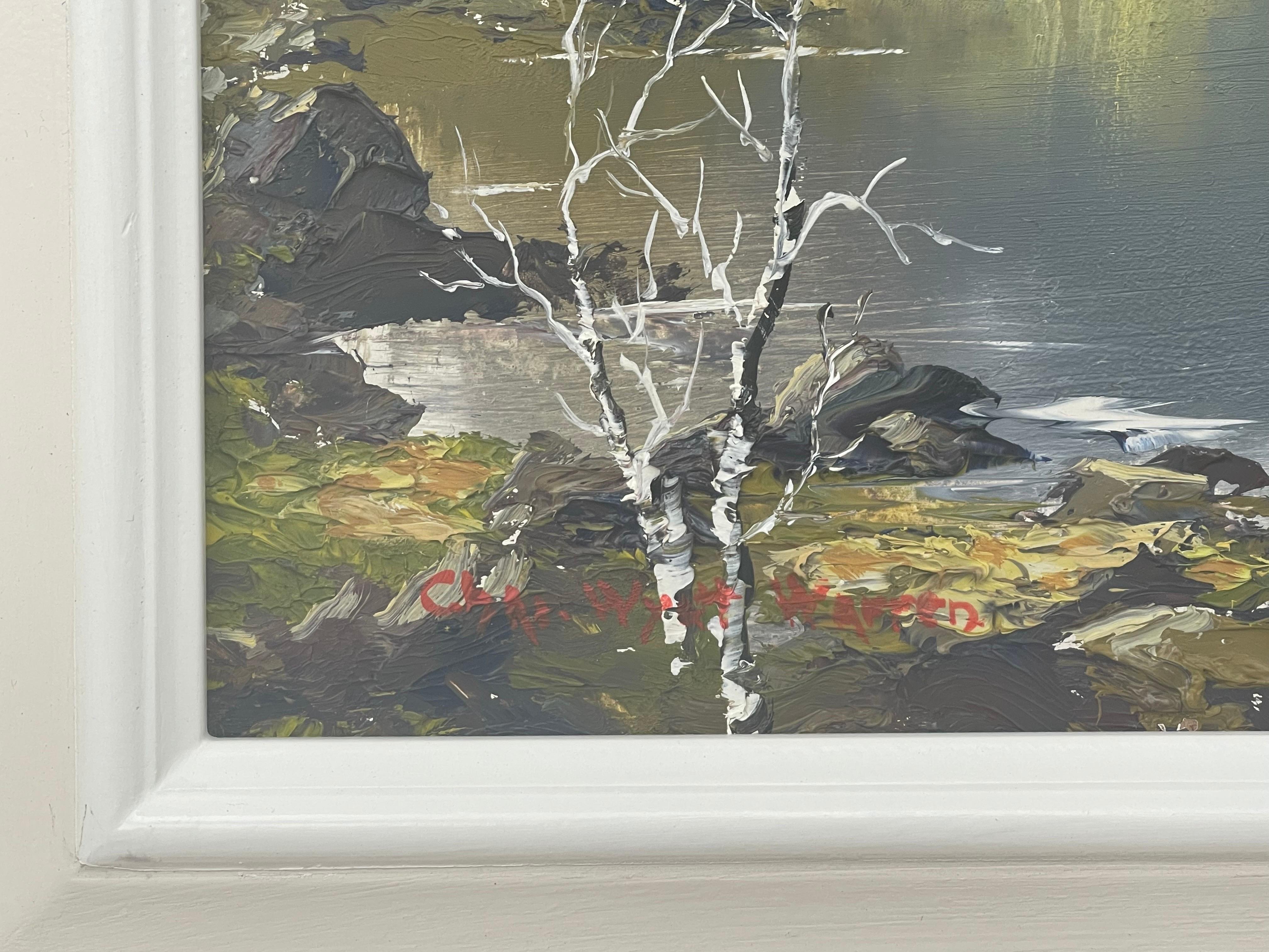 Paisaje lacustre de montaña Pintura al óleo Impasto del artista británico del siglo XX en venta 5