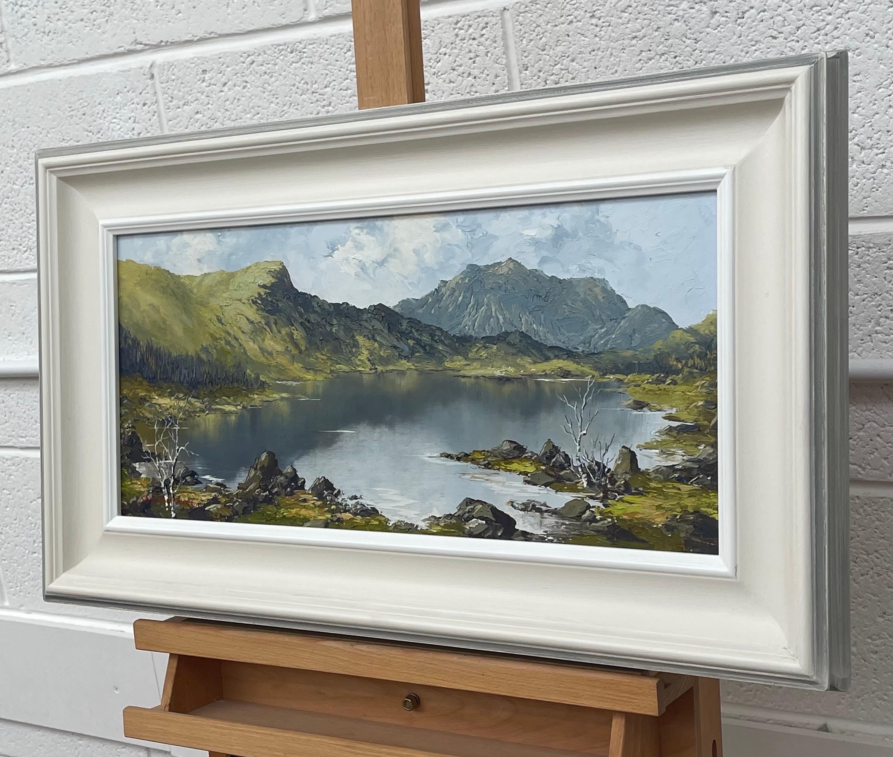 Paisaje lacustre de montaña Pintura al óleo Impasto del artista británico del siglo XX - Landscape Painting Gris de Charles Wyatt Warren