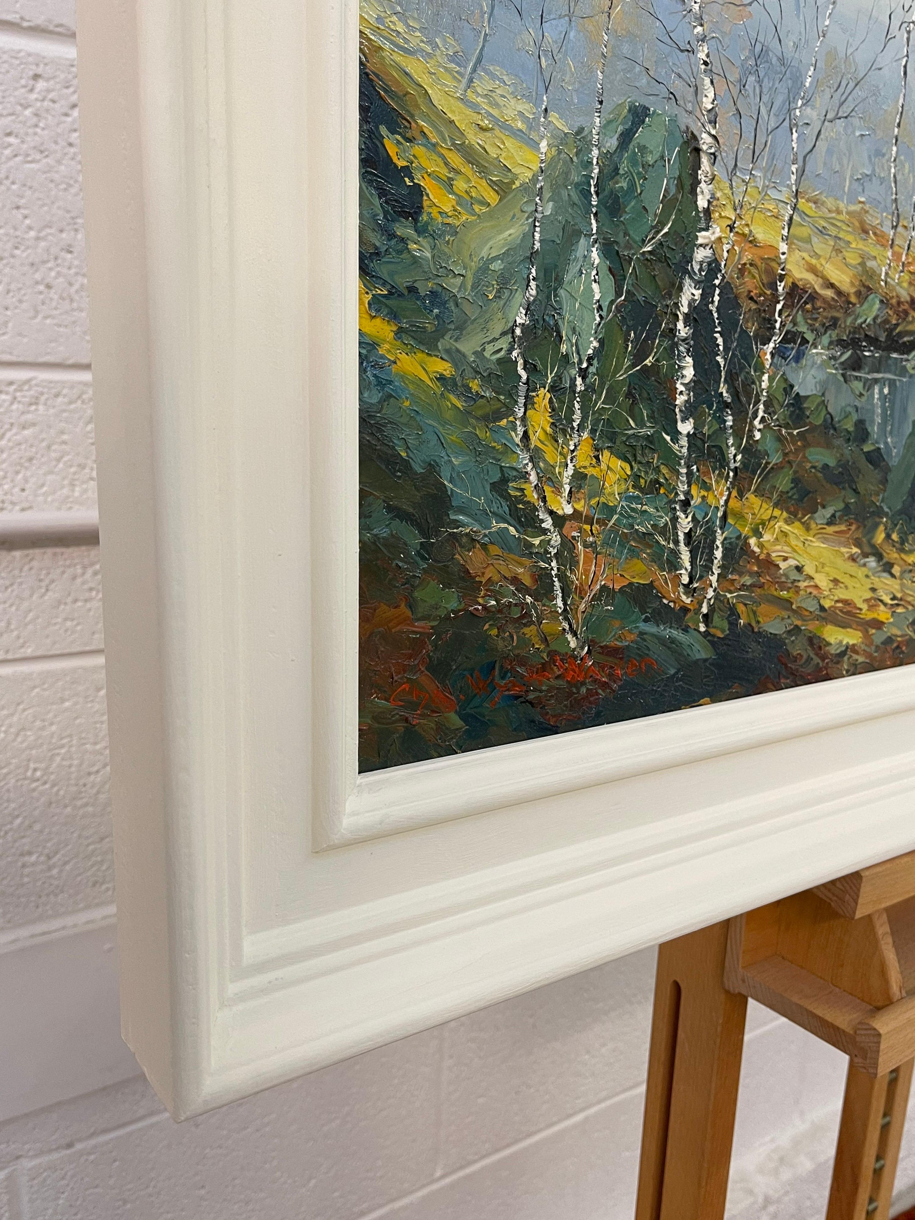 Oil Painting of River Bank with Silver Birch Trees and Misty Hills & Mountains For Sale 12