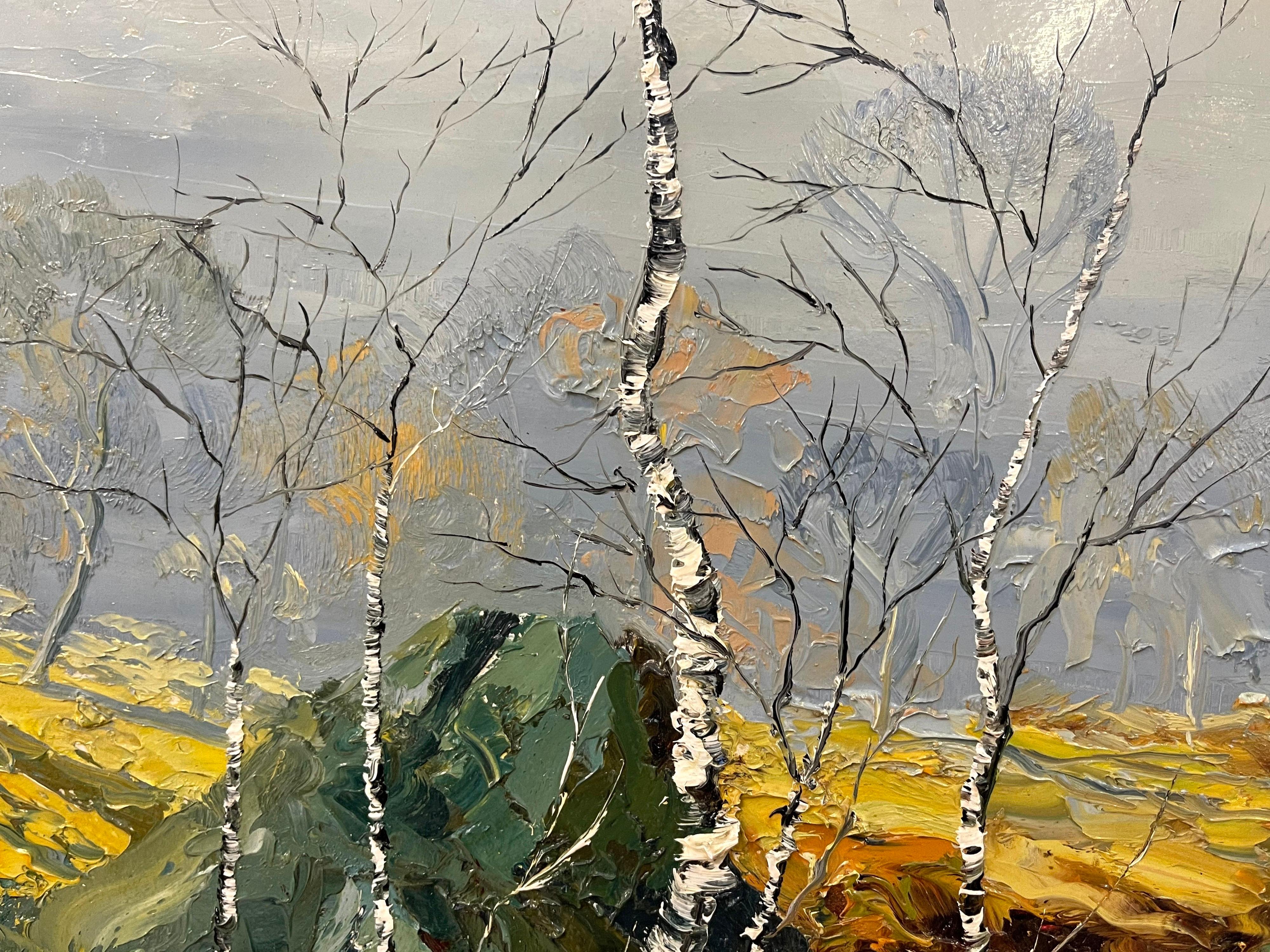 Oil Painting of River Bank with Silver Birch Trees and Misty Hills & Mountains For Sale 3
