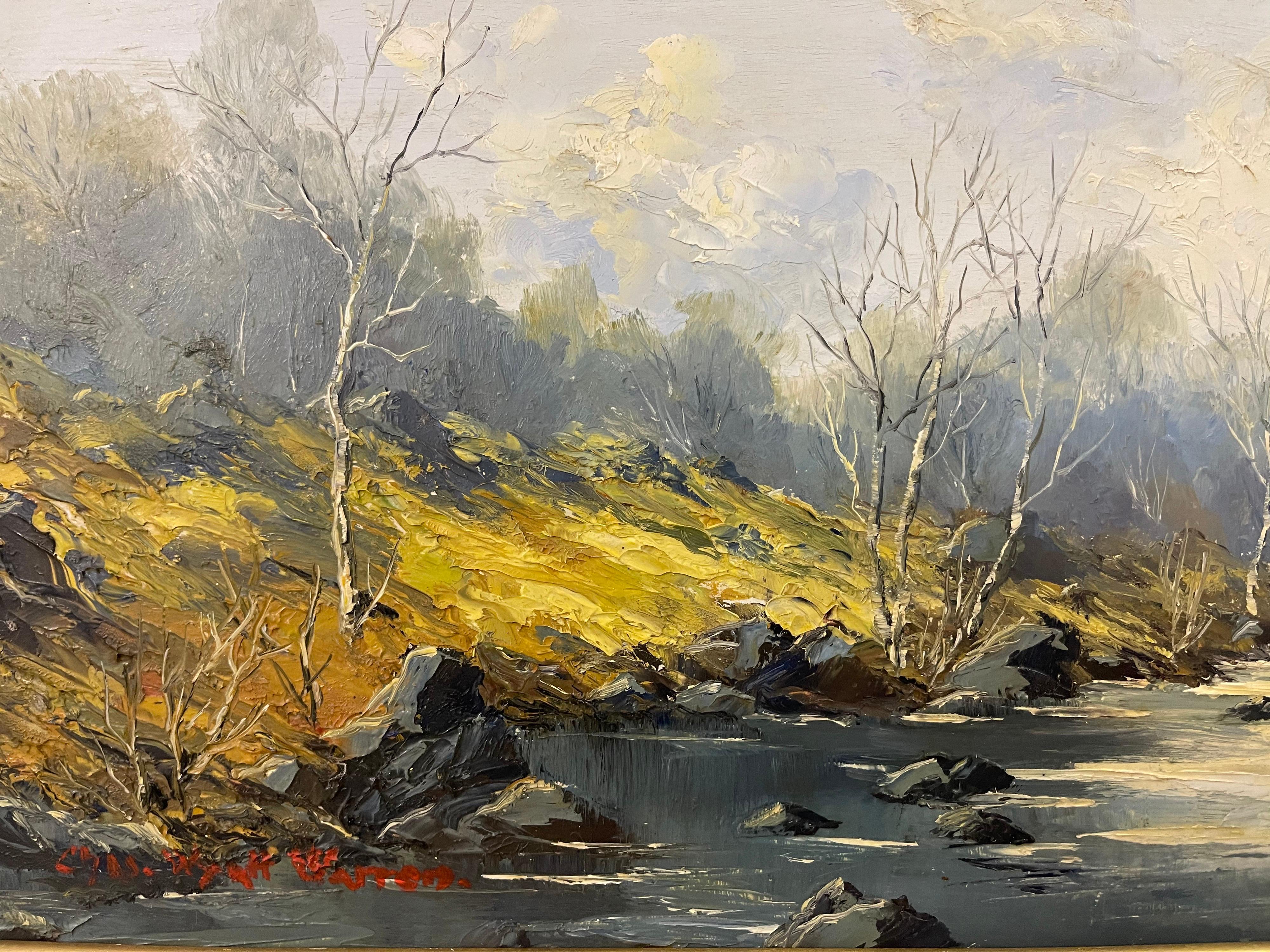 Welsh River Landscape with Birch Trees Oil Painting by British Impasto Artist Charles Wyatt Warren (1908-1993)

Art measures 21 x 9 inches
Frame measures 25 x 13 inches

Charles Wyatt Warren (1908-1993) was a self-taught painter and an enthusiastic
