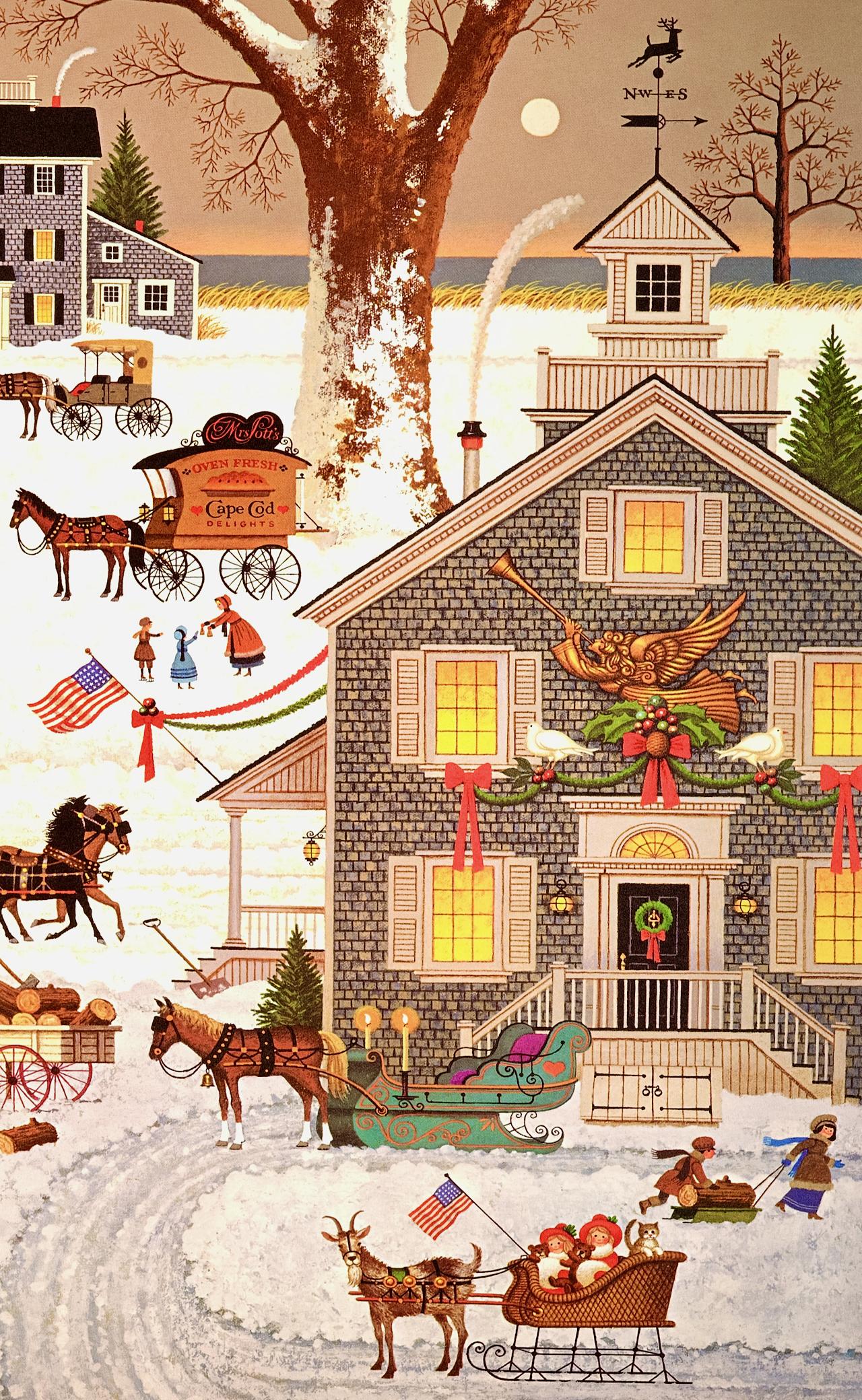 This is a limited edition colored lithograph entitled Cape Cod Christmas, 1982 by Charles Wyscocki, published by the Greenwich Workshop in Trumbull, Connecticut. The print is hand signed and numbered by the artist in the lower left, 1016/2000. The