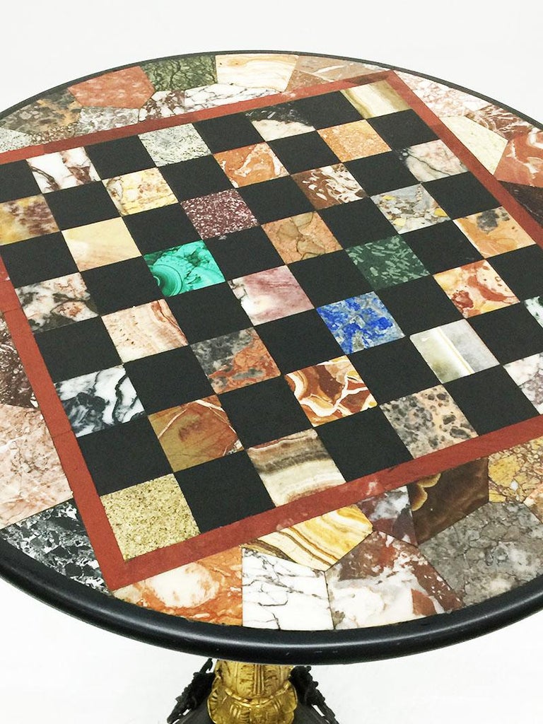 French Charles X, 19th Century Chess Table, Bronze Gilded Inlaid with Marble and Stones For Sale
