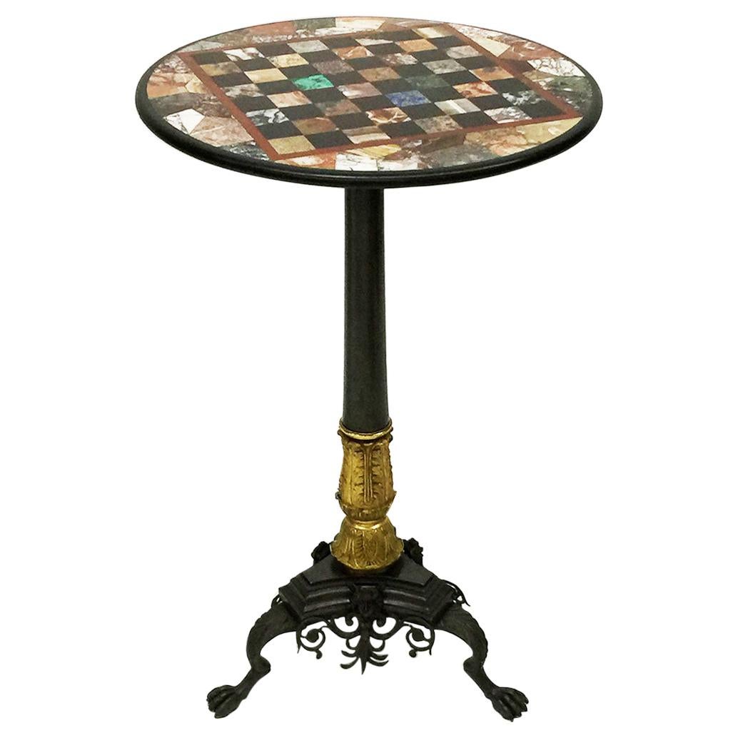Charles X, 19th Century Chess Table, Bronze Gilded Inlaid with Marble and Stones For Sale