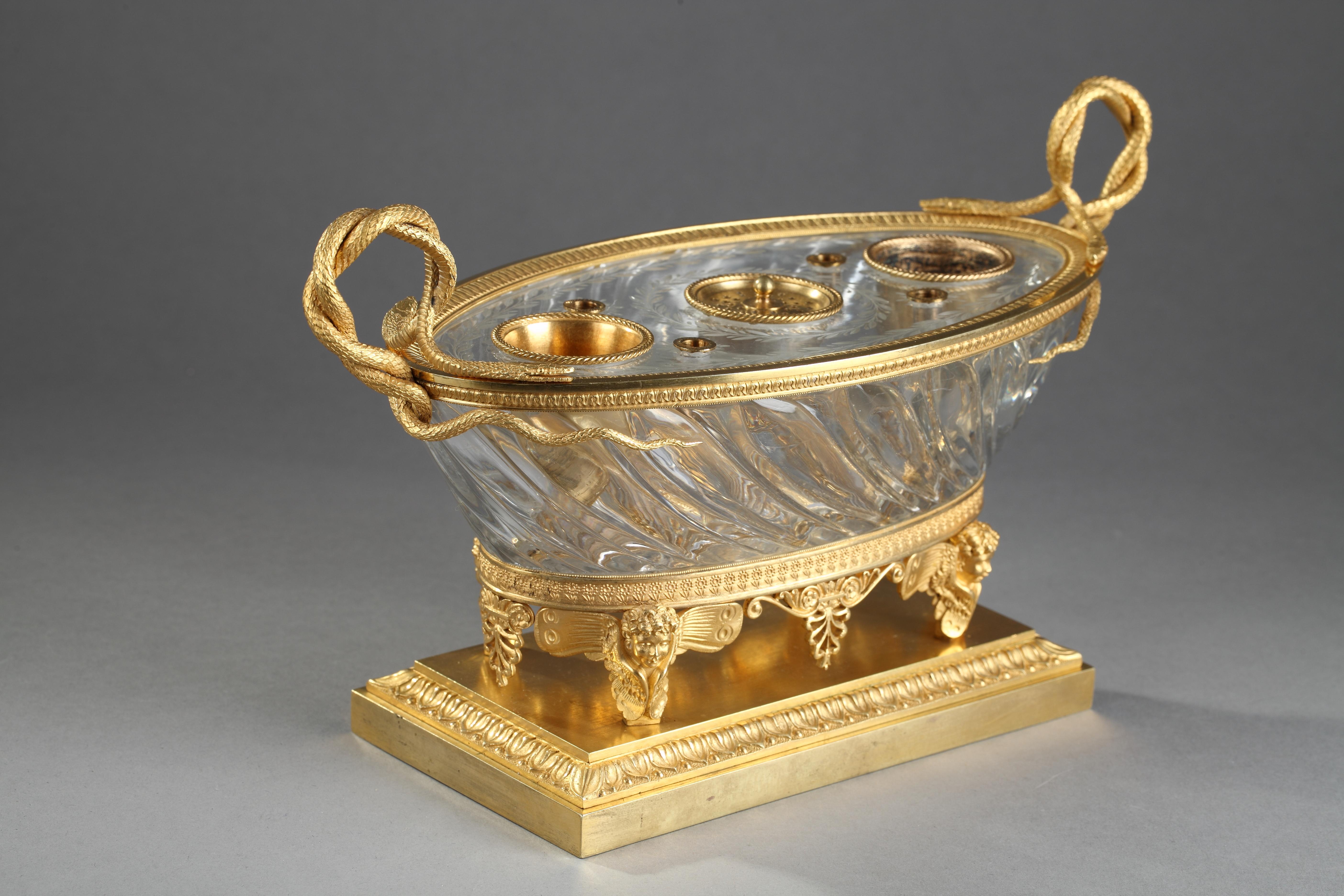 French Charles X Cut Crystal Gilded Bronze Inkwell, circa 1815-1820