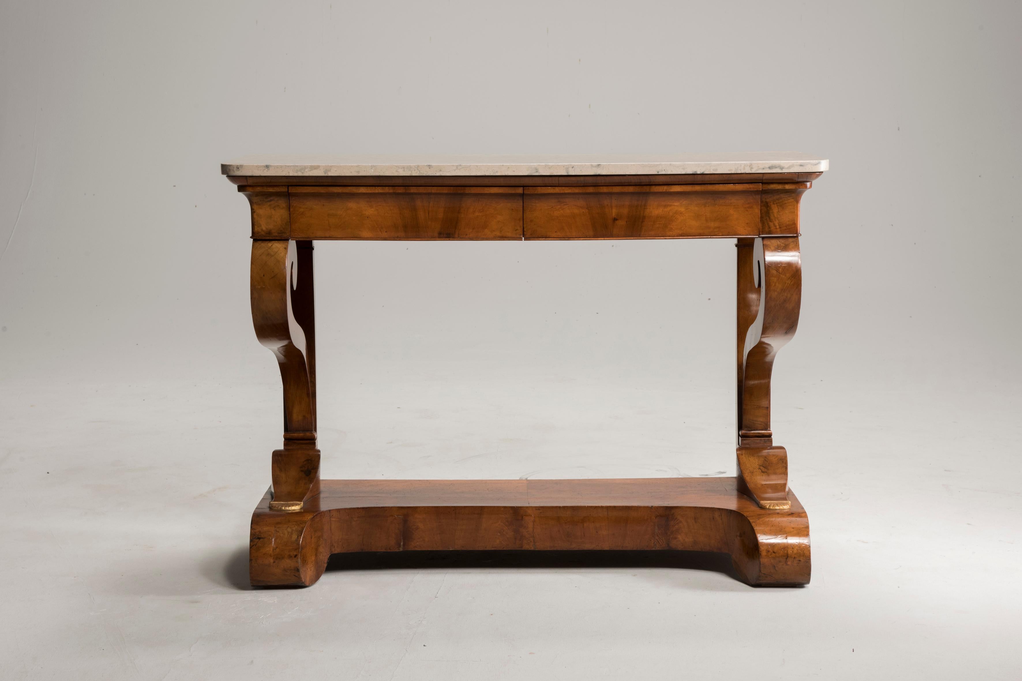 French Charles X Early 19th Century Walnut Wood Marble-Top Table Console