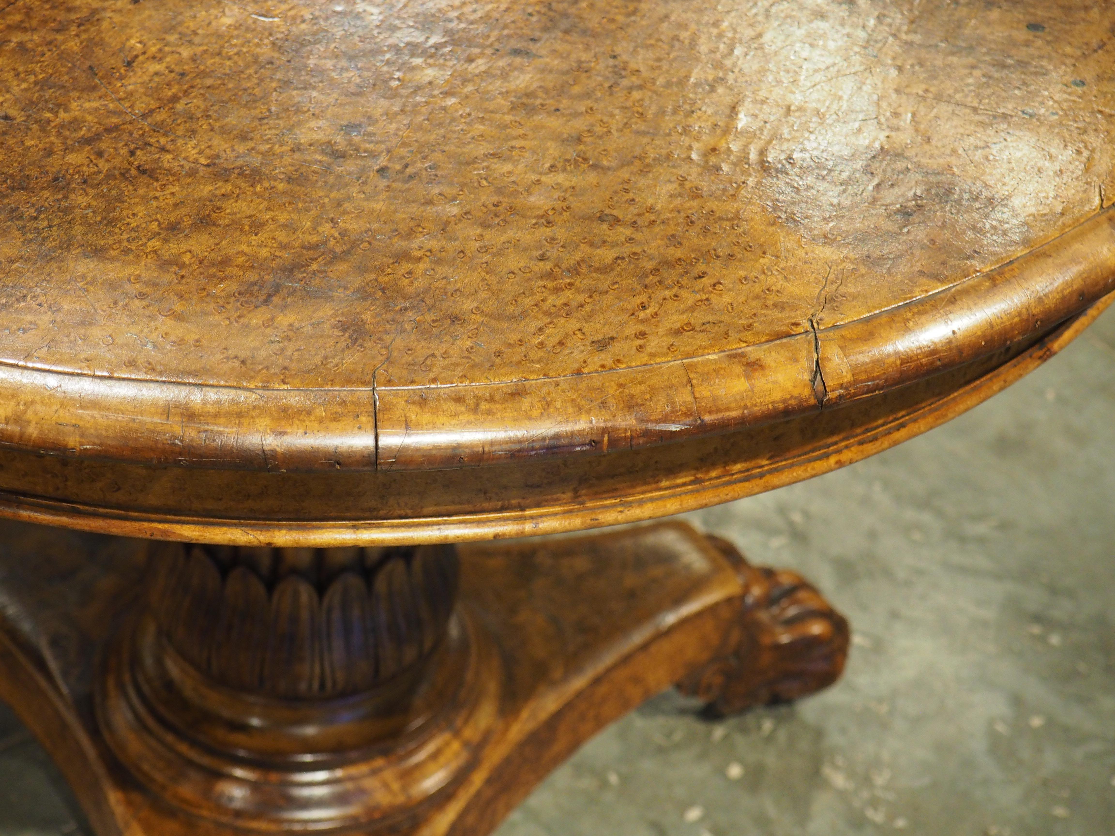 Charles X French Burl Maple Center Table with Paw Feet, Circa 1830 For Sale 9
