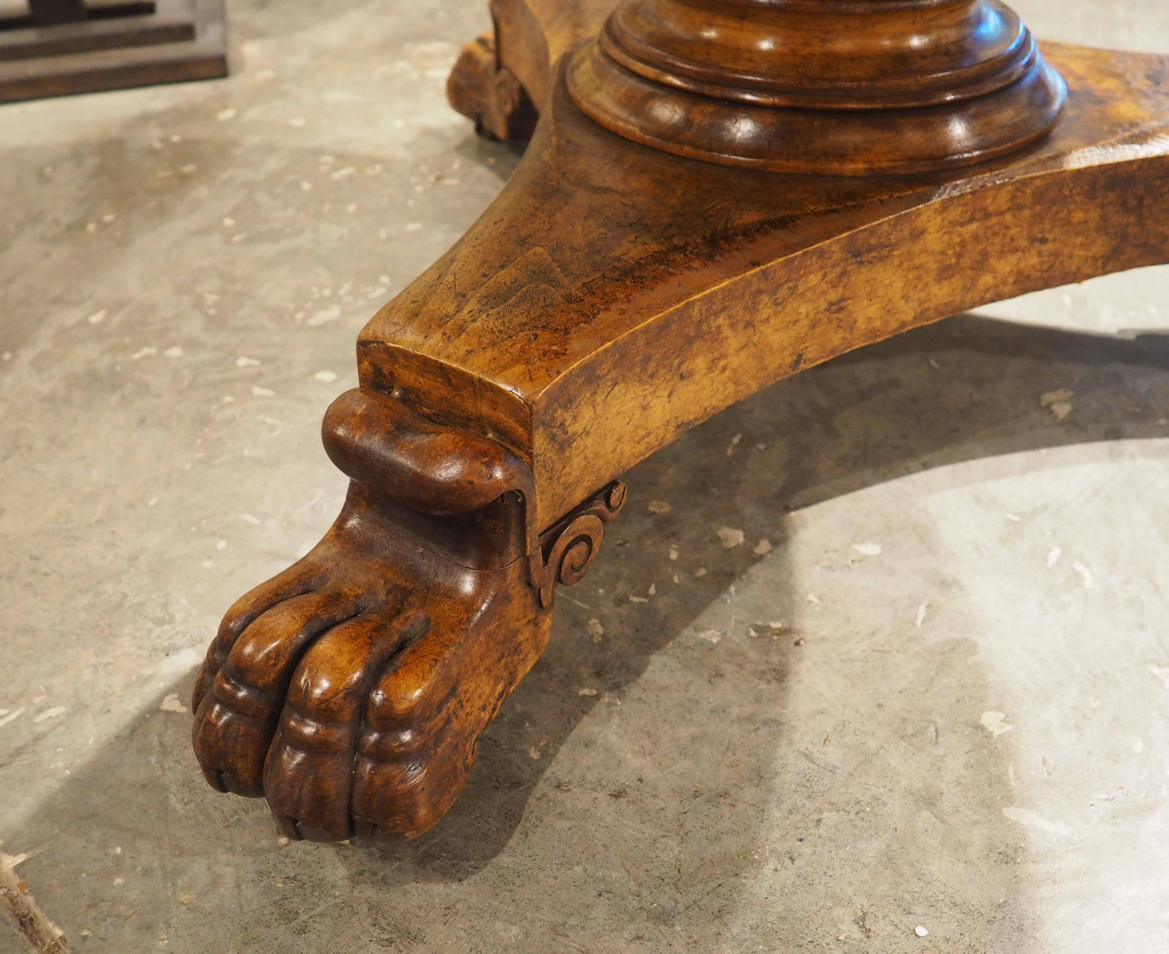 Hand-Carved Charles X French Burl Maple Center Table with Paw Feet, Circa 1830 For Sale