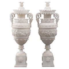 Charles X French Carved Alabaster Urns, Pair