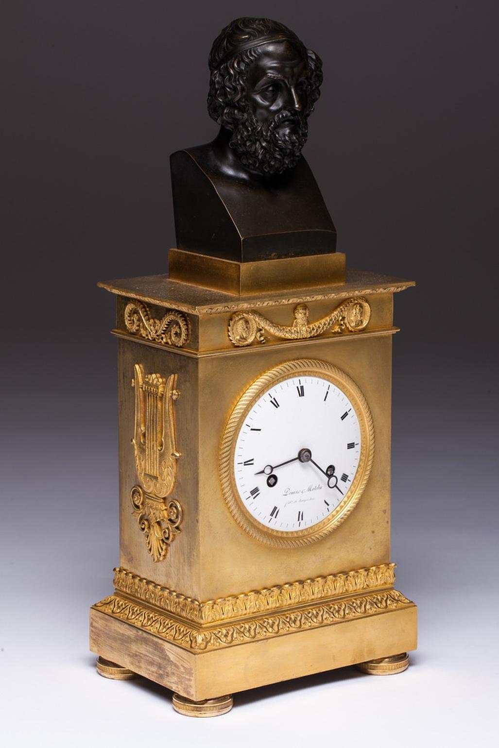 Bronze Charles X French Mantle Clock with Homer's Bust, 19th Century For Sale