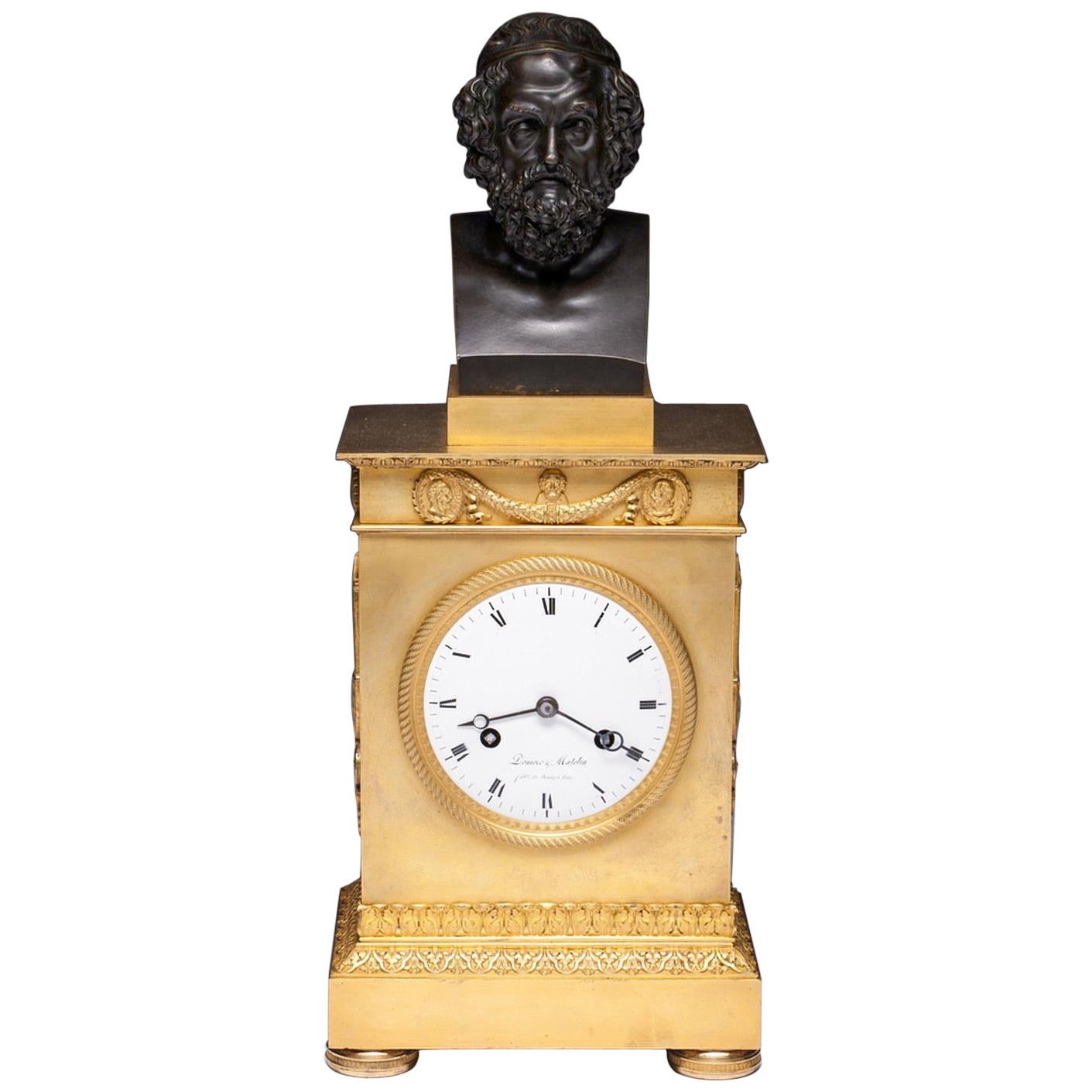 Charles X French Mantle Clock with Homer's Bust, 19th Century For Sale