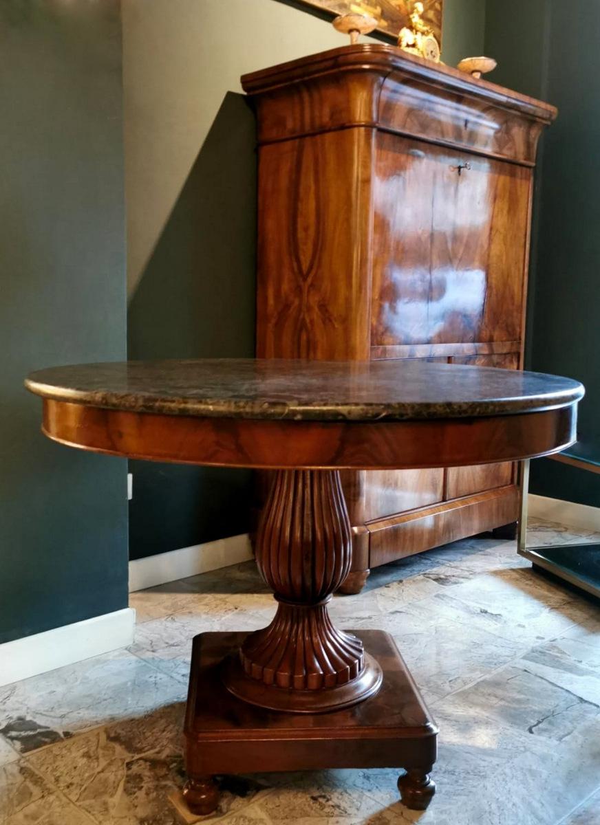 Polished Charles X French Solid Mahogany Round Table with Dark Emperador Marble Top