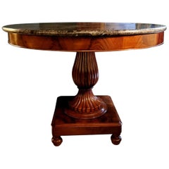 Charles X French Solid Mahogany Round Table with Dark Emperador Marble Top