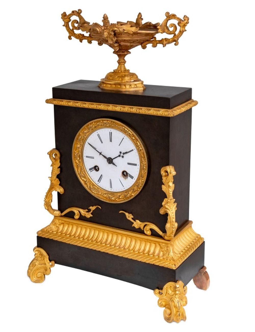 French Charles X Gilt and Patinated Bronze Mantel Clock For Sale