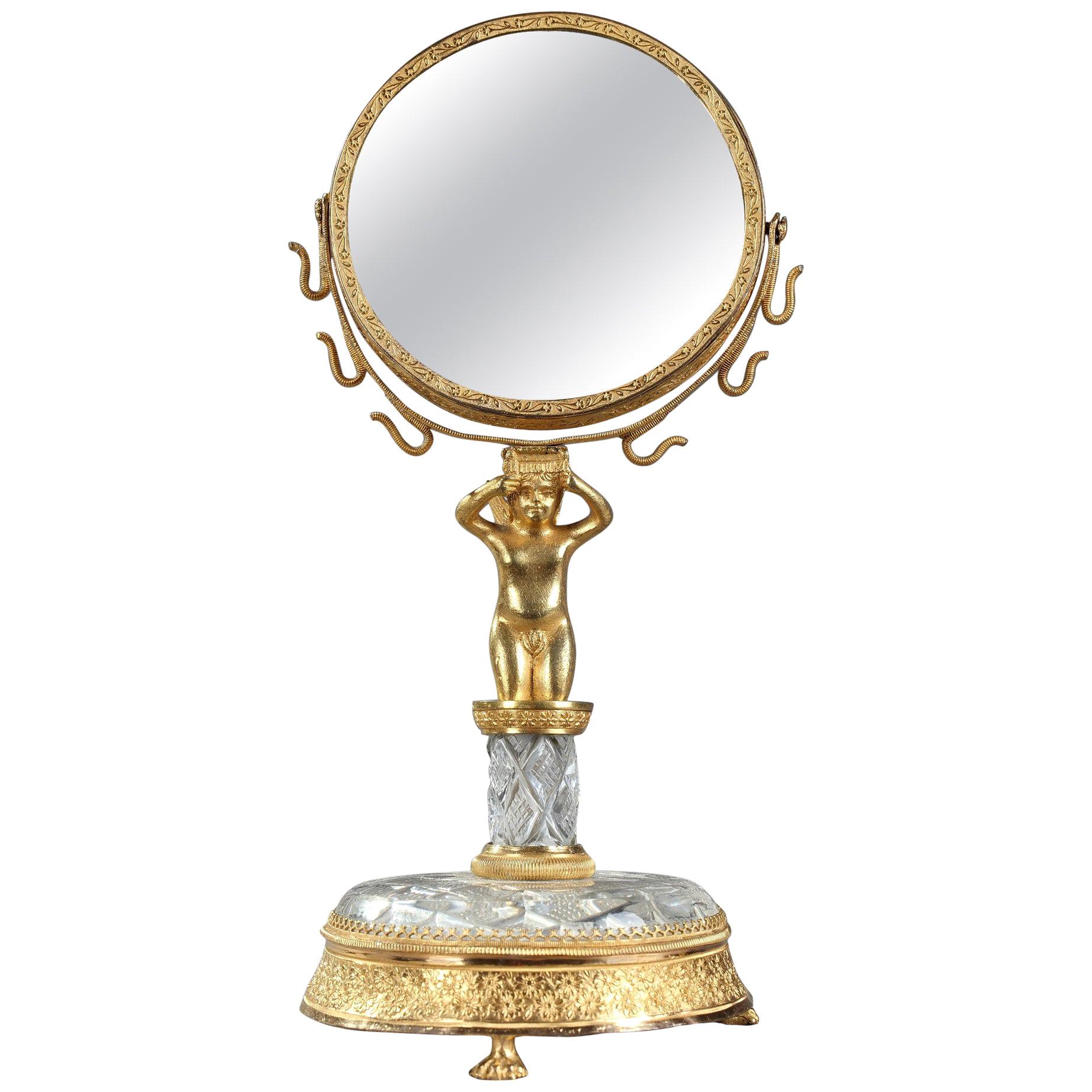 Charles X Gilt Bronze and Cut-Crystal Pivoting Mirror and Ring Holder