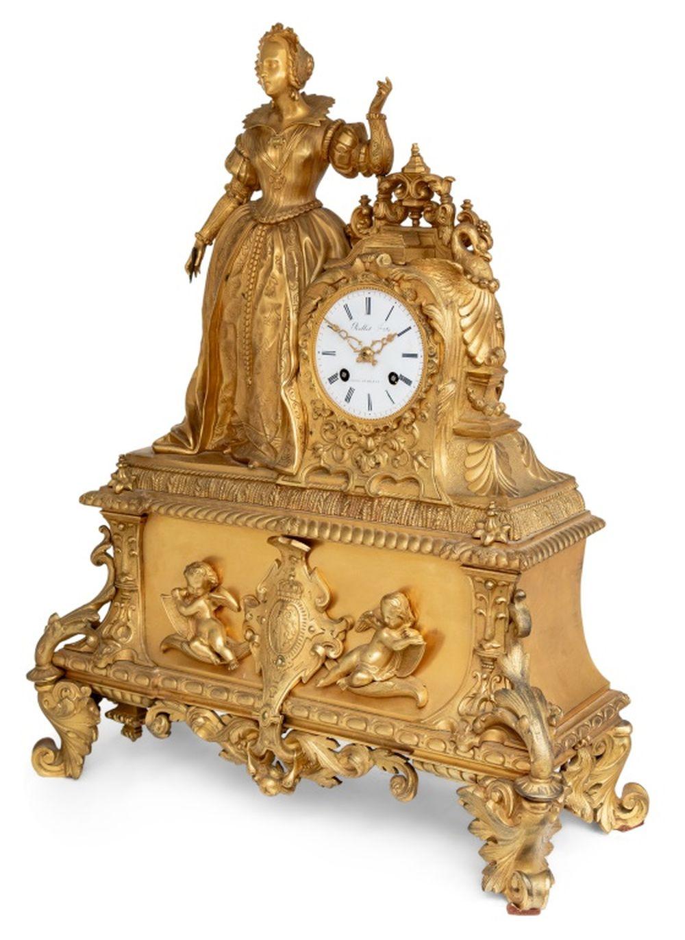 French Charles X Gilt Bronze Figural Clock, ca. 1830 For Sale