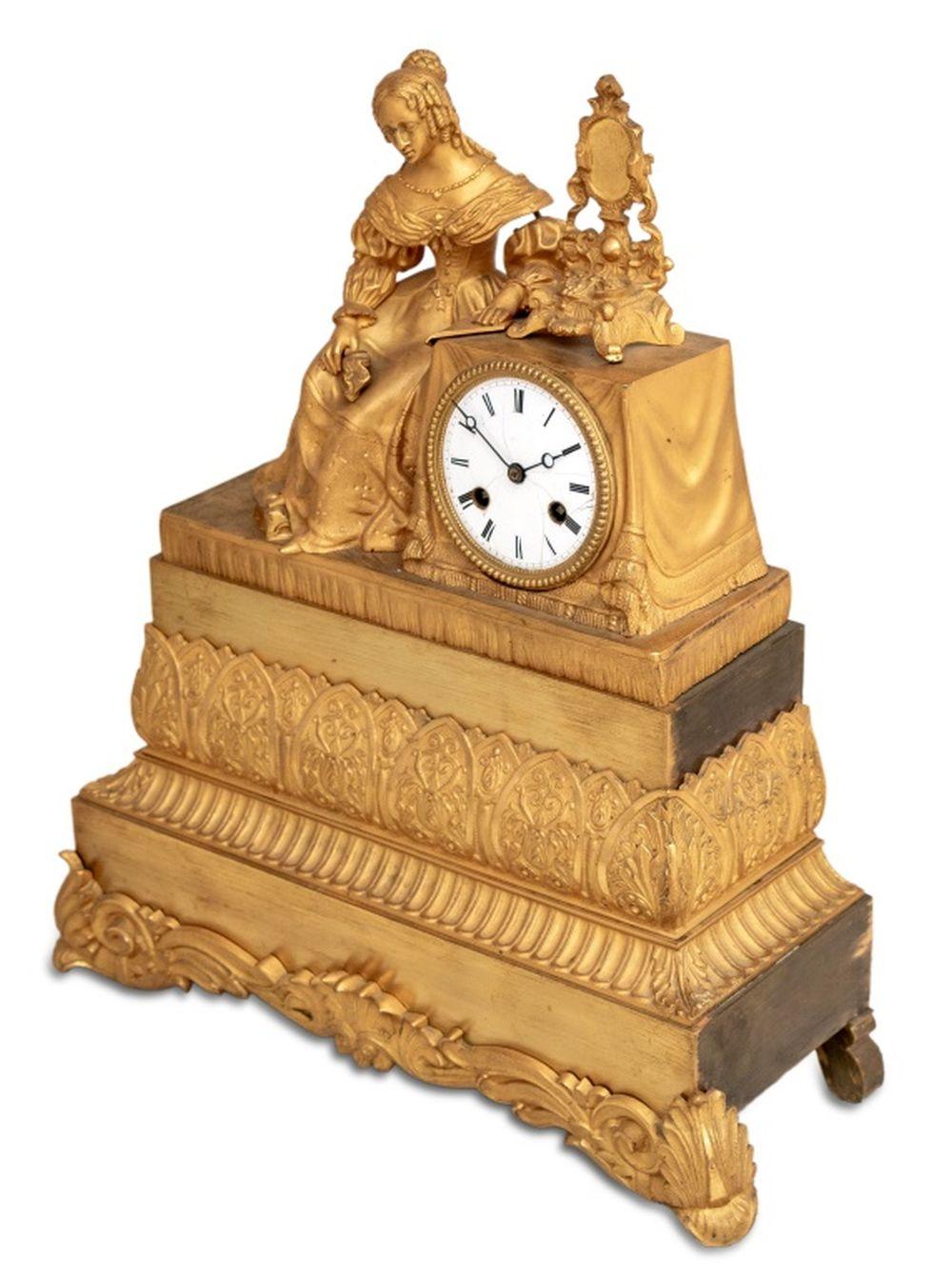 French Charles X Gilt Bronze Figural Mantel Clock For Sale