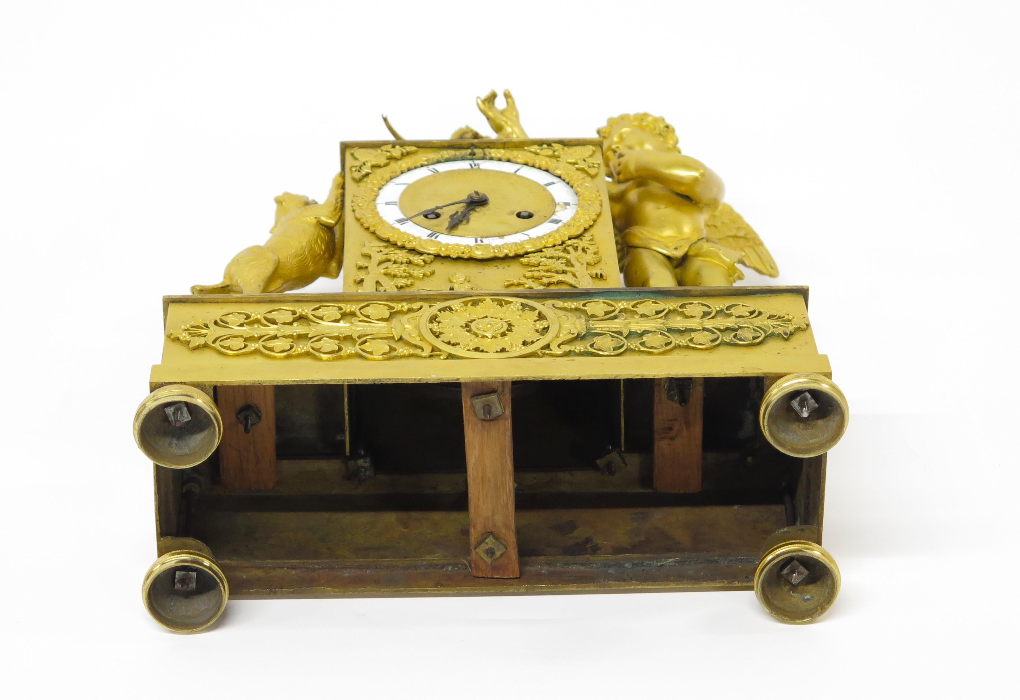 Charles X Gilt Bronze Mantel Clock with Cupid and a Dog Stamped Bechot For Sale 12