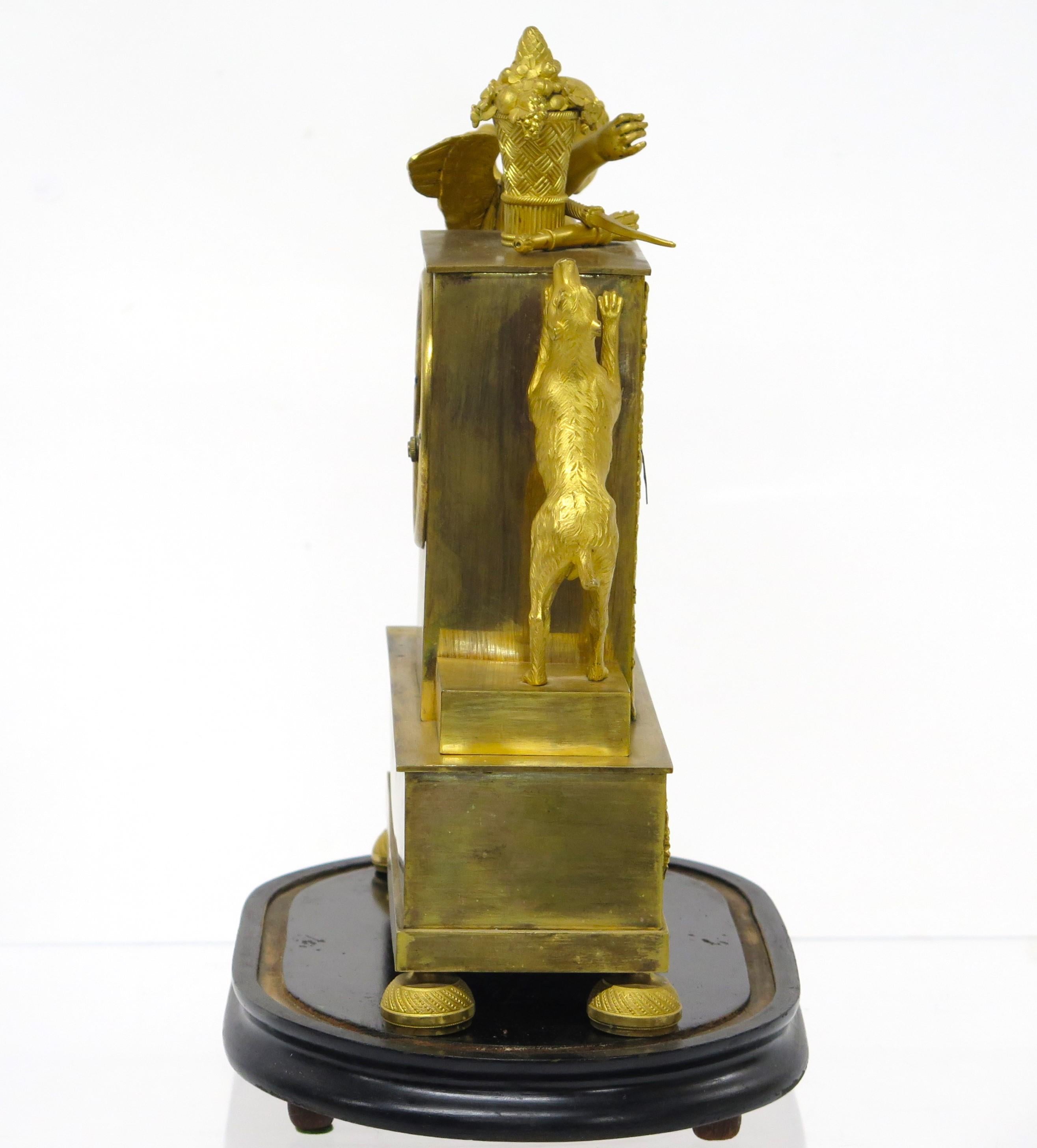 Charles X Gilt Bronze Mantel Clock with Cupid and a Dog Stamped Bechot In Good Condition For Sale In Dallas, TX
