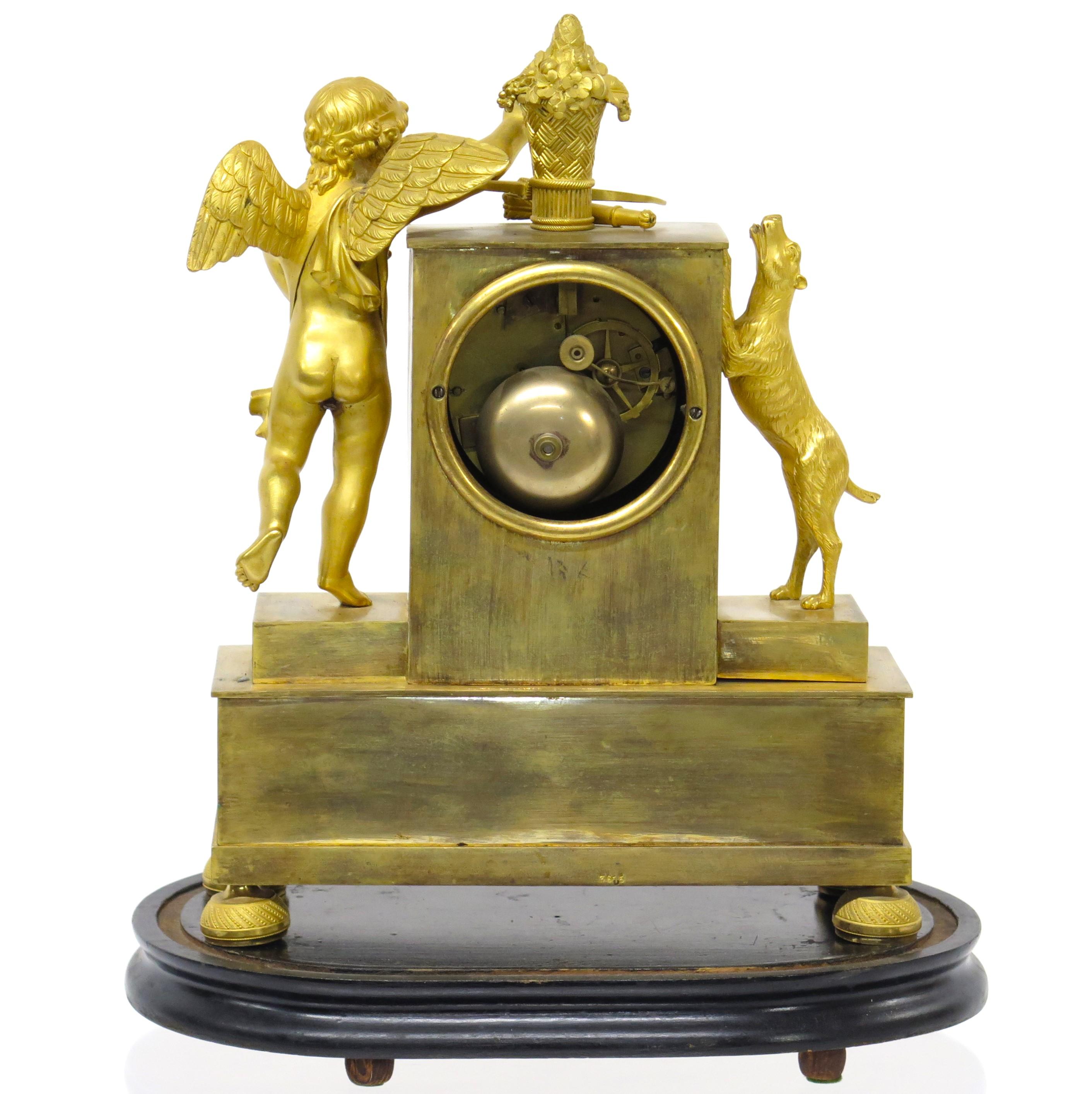 19th Century Charles X Gilt Bronze Mantel Clock with Cupid and a Dog Stamped Bechot For Sale
