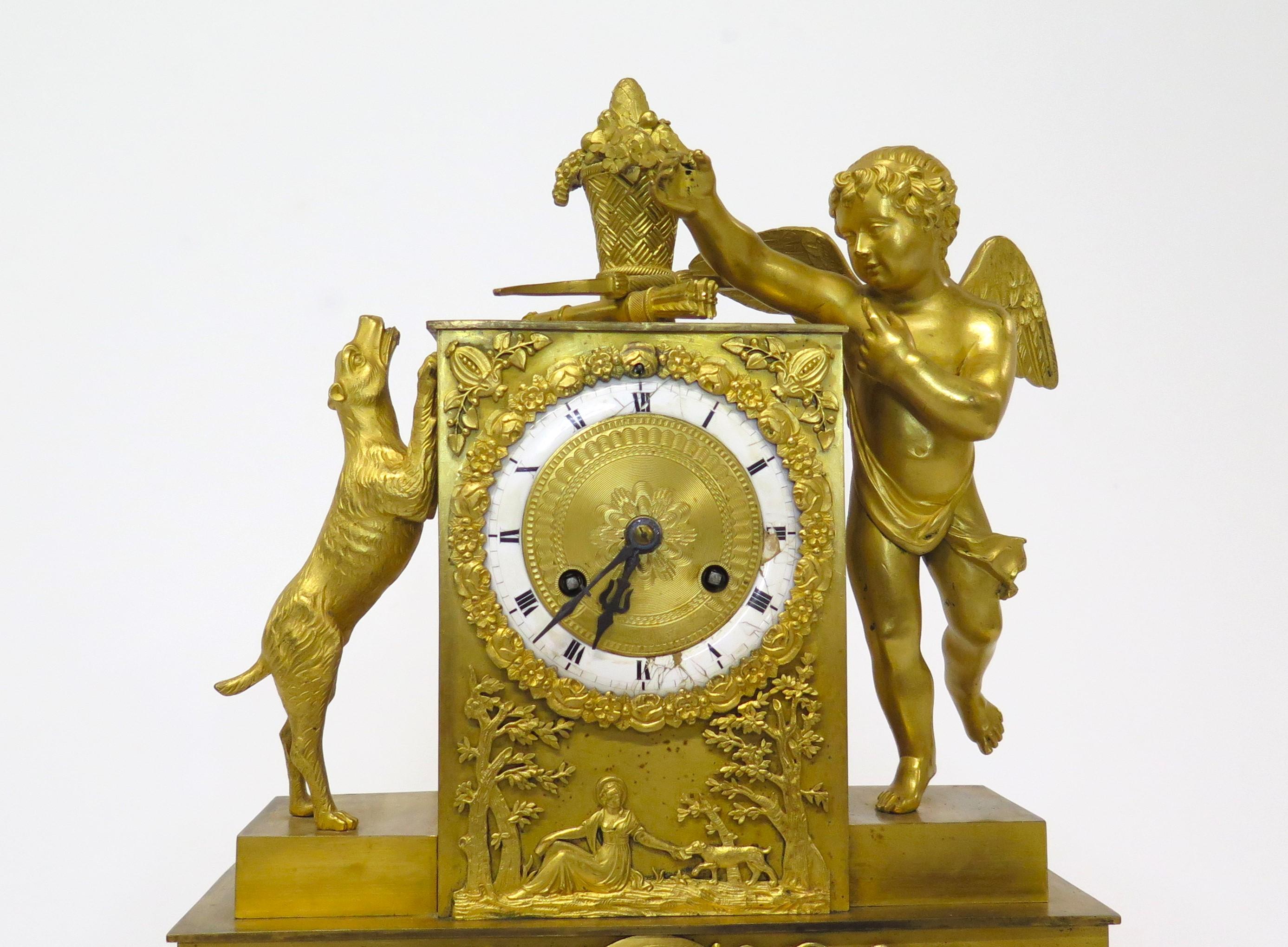 Charles X Gilt Bronze Mantel Clock with Cupid and a Dog Stamped Bechot For Sale 4
