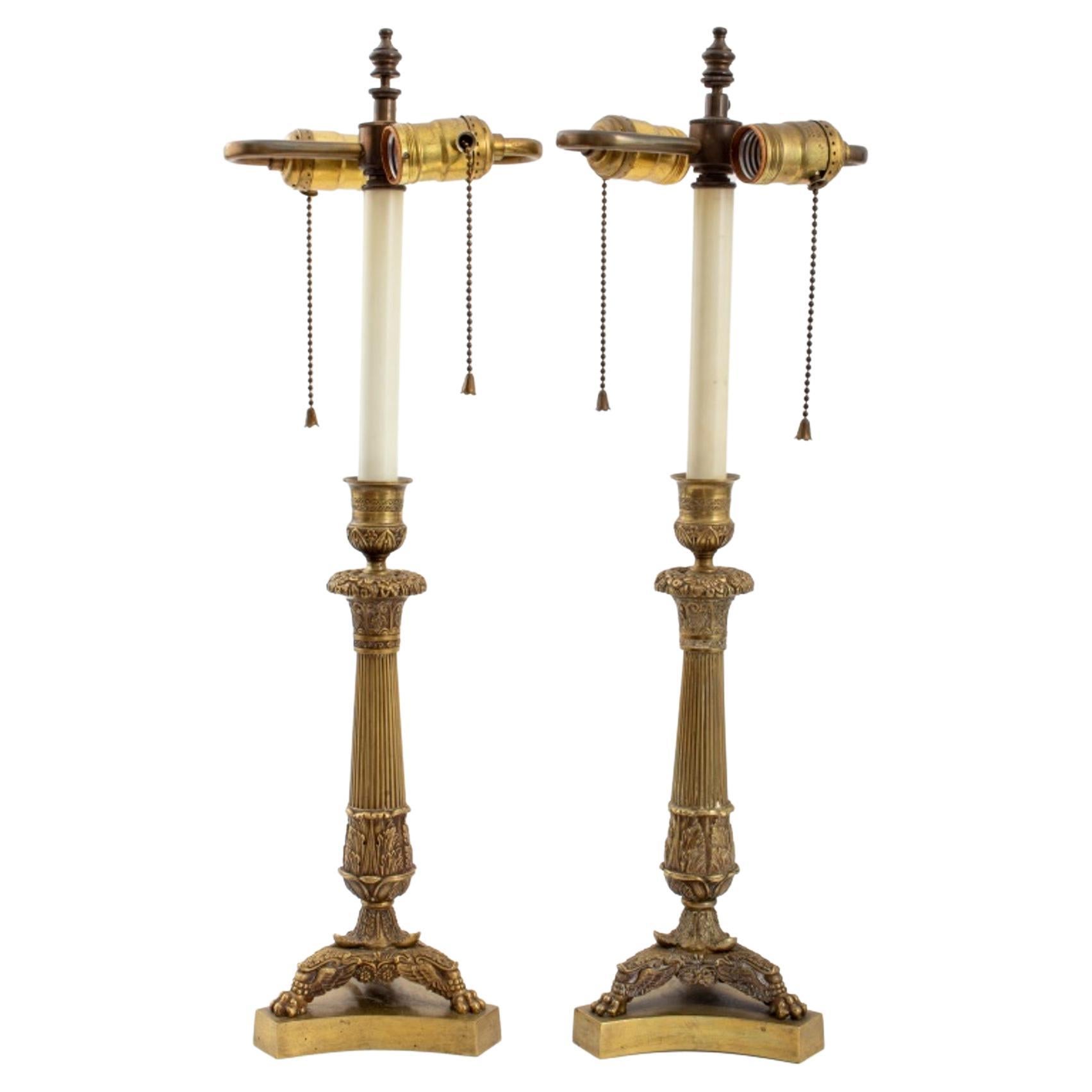 Charles X Gilt Metal Candlestick Lamps, Pair For Sale