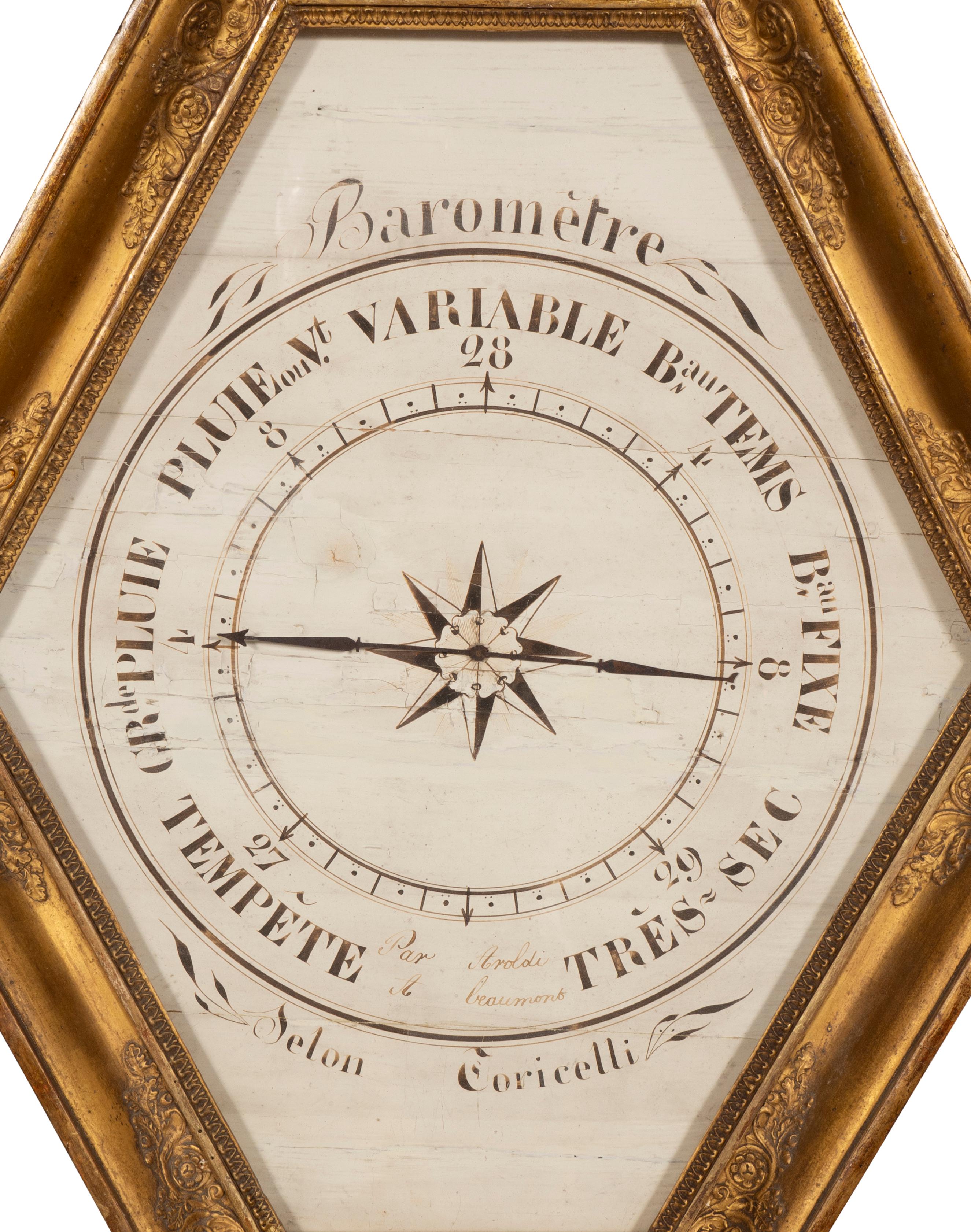 Hexagonal with white and grisaille painted dial set in a gilt wood frame. No working as a barometer. 
