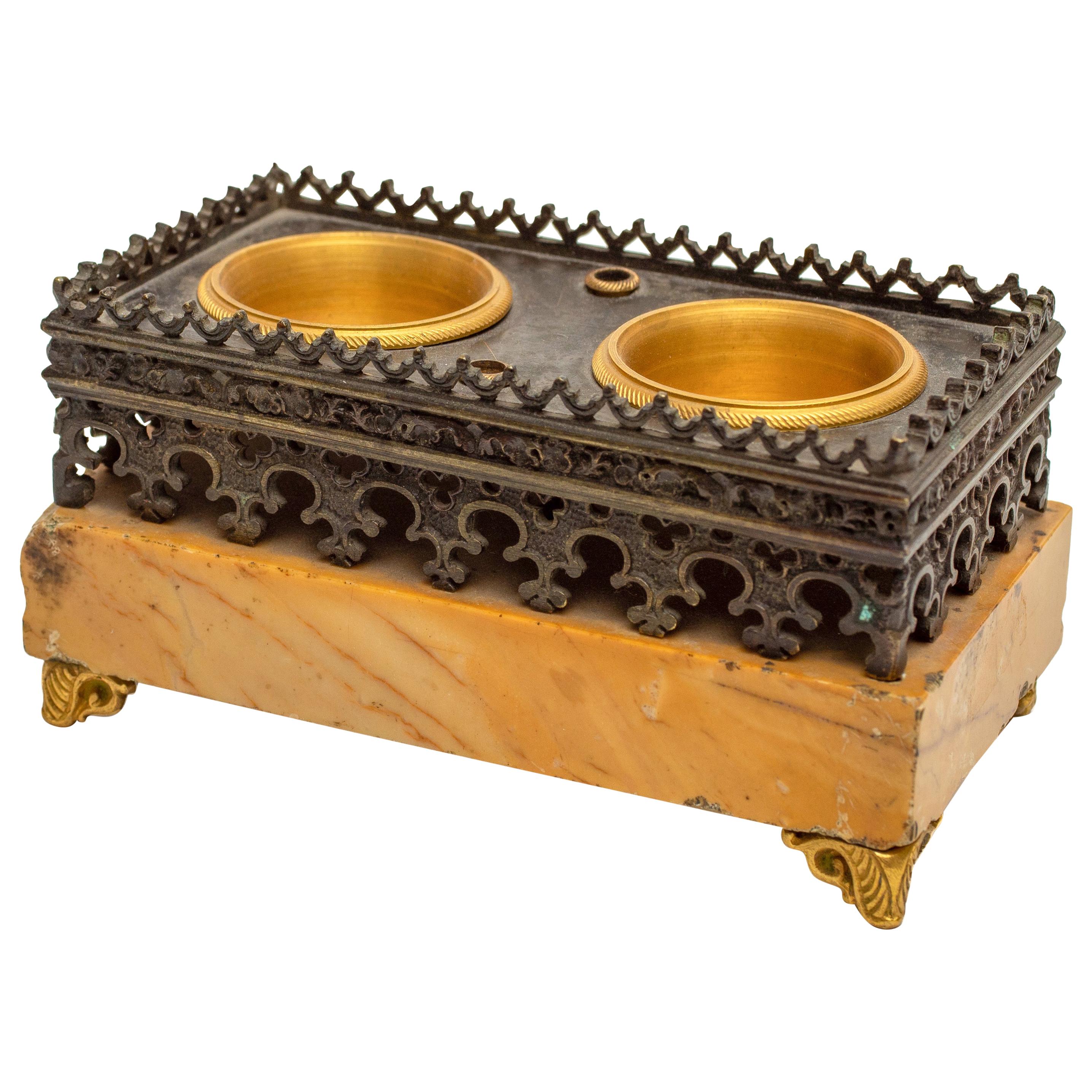 Charles X Gothic Revival Gilt and Patinated Bronze and Siena Marble Inkwell For Sale