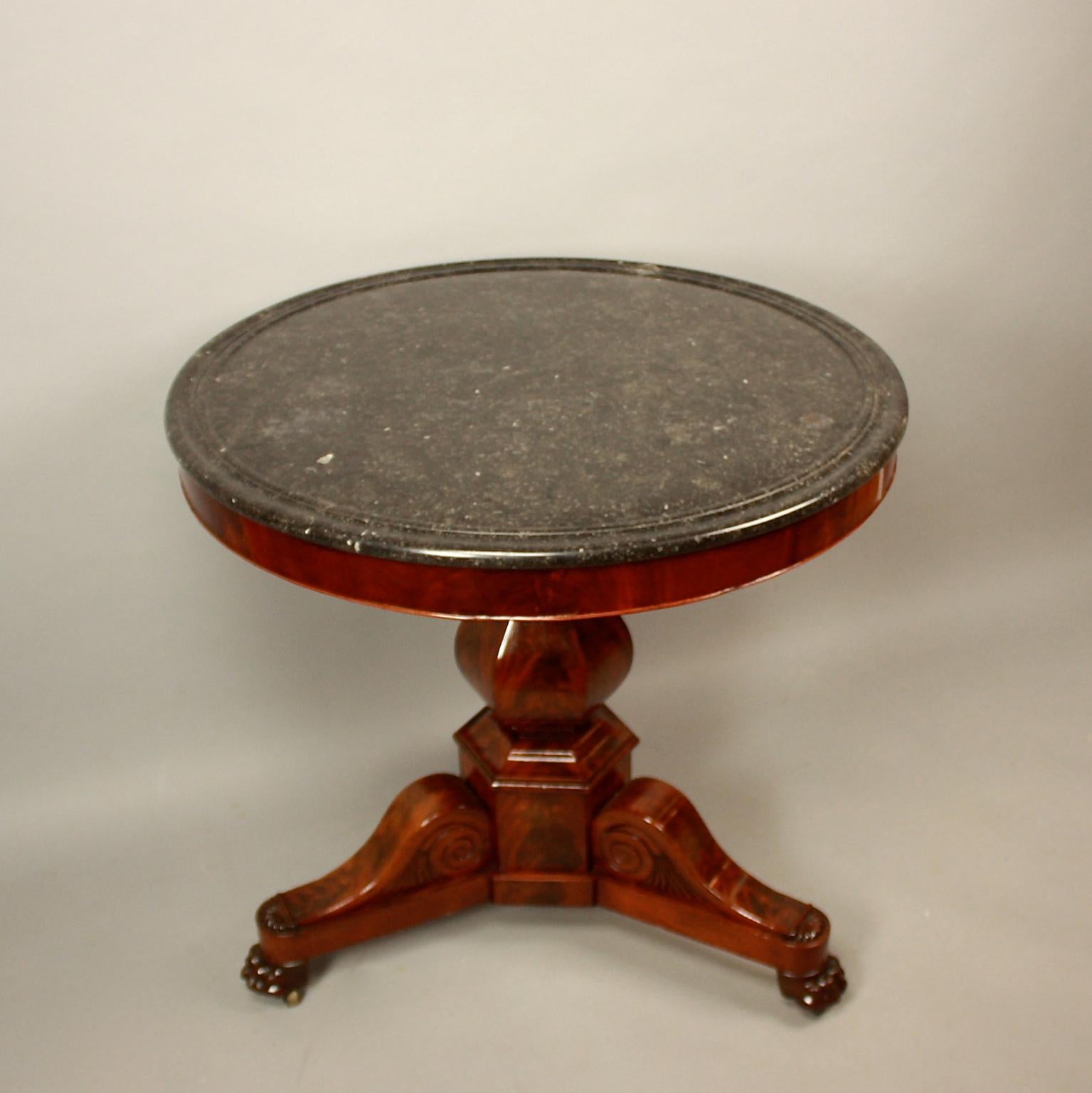 Veneer French 19th Century Charles X Mahogany Grey Marble Gueridon or Center Table