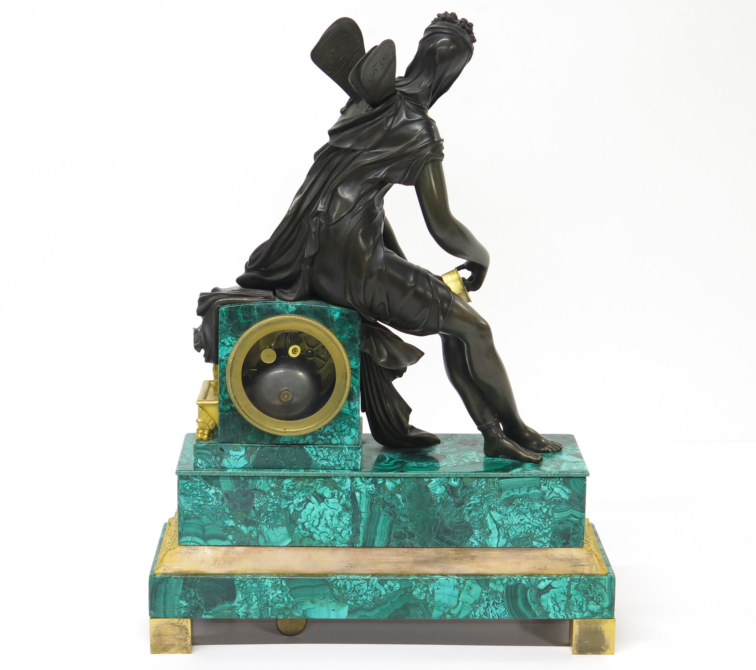 Cast Charles X Malachite and Ormolu Mantel Clock depicting Psyche and the Golden Box For Sale