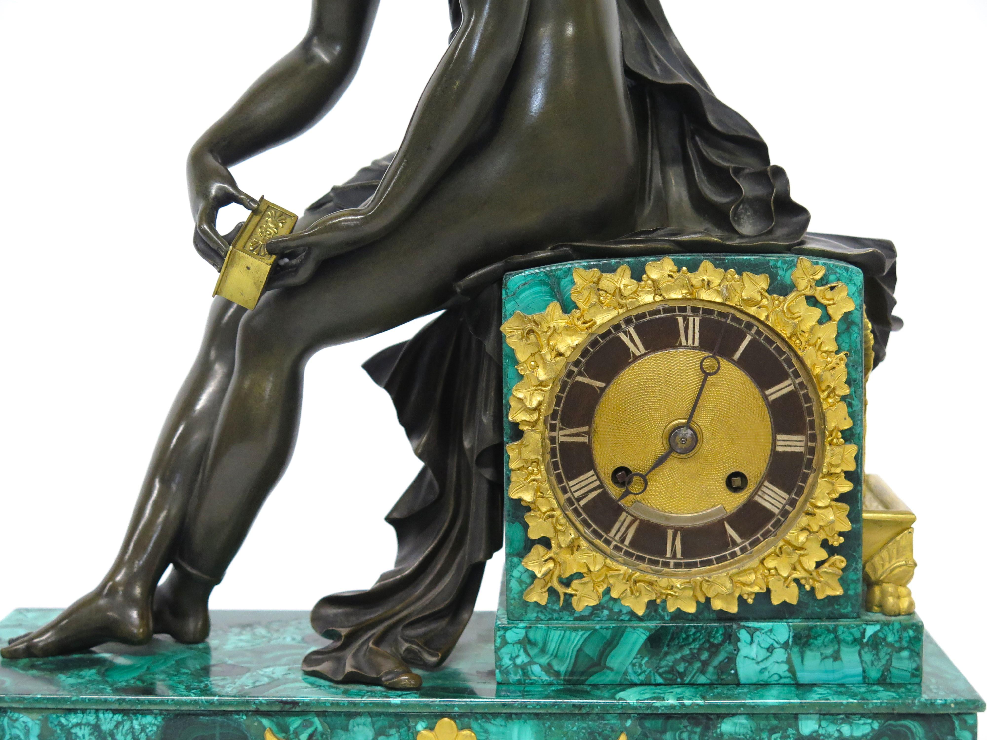 19th Century Charles X Malachite and Ormolu Mantel Clock depicting Psyche and the Golden Box For Sale
