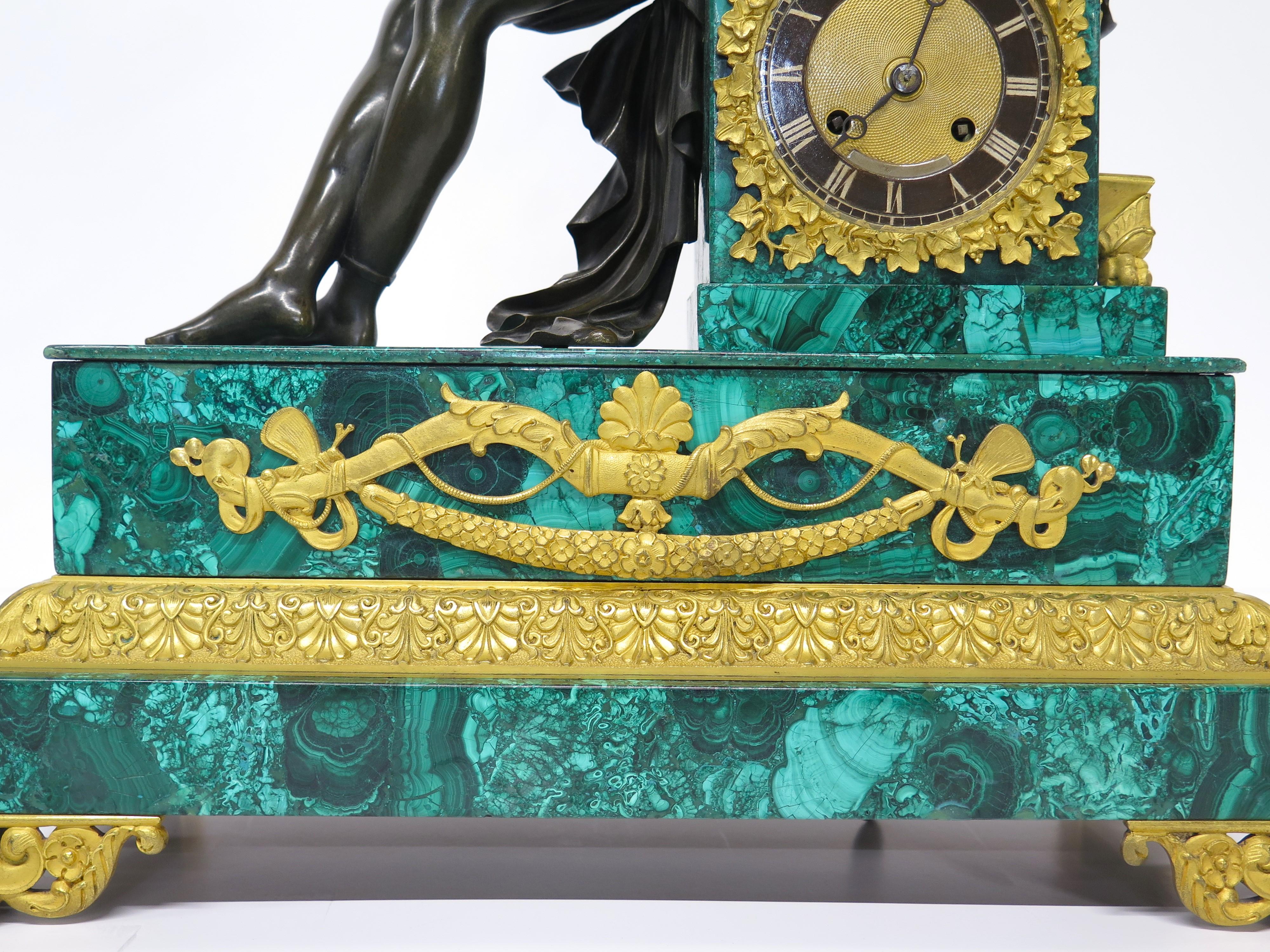 Bronze Charles X Malachite and Ormolu Mantel Clock depicting Psyche and the Golden Box For Sale
