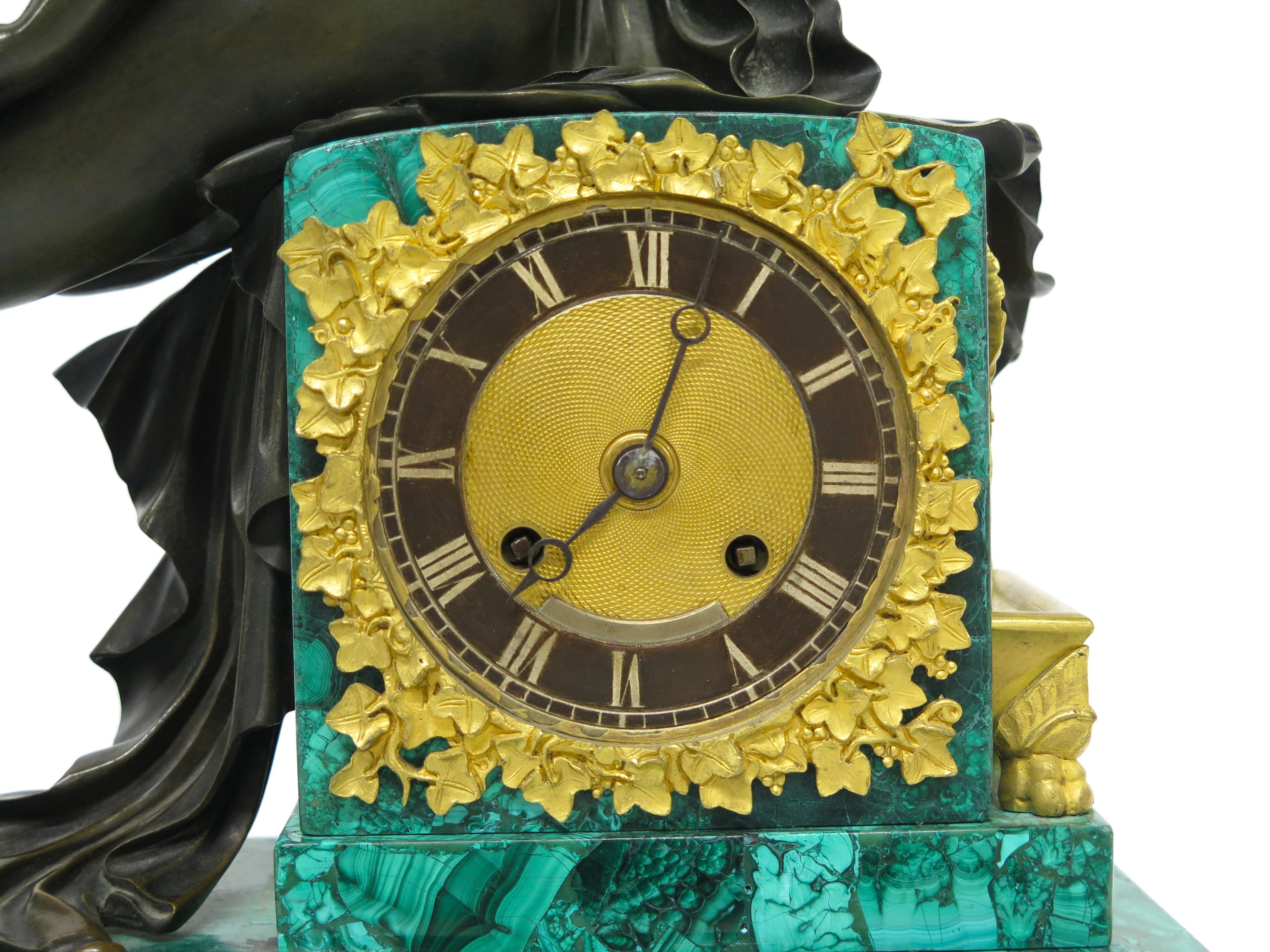 Charles X Malachite and Ormolu Mantel Clock depicting Psyche and the Golden Box For Sale 2