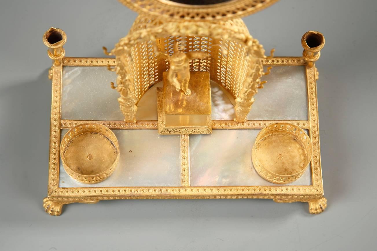 Gilt Charles X Mother of Pearl and Ormolu Watch Holder and Inkwell For Sale