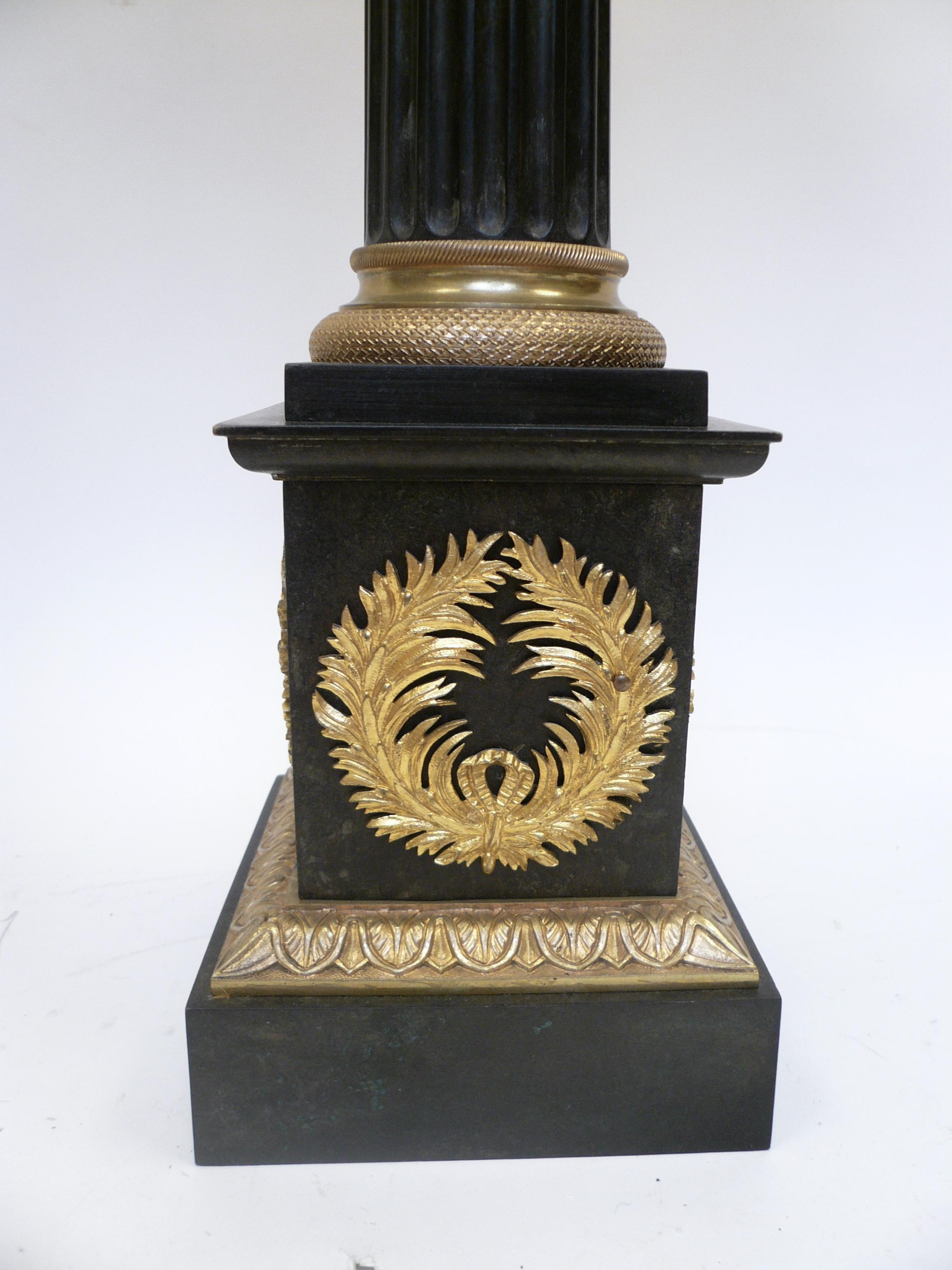 Empire Charles X Neoclassical Style Patinated and Gilt Bronze Columnar Form Lamps, Pair