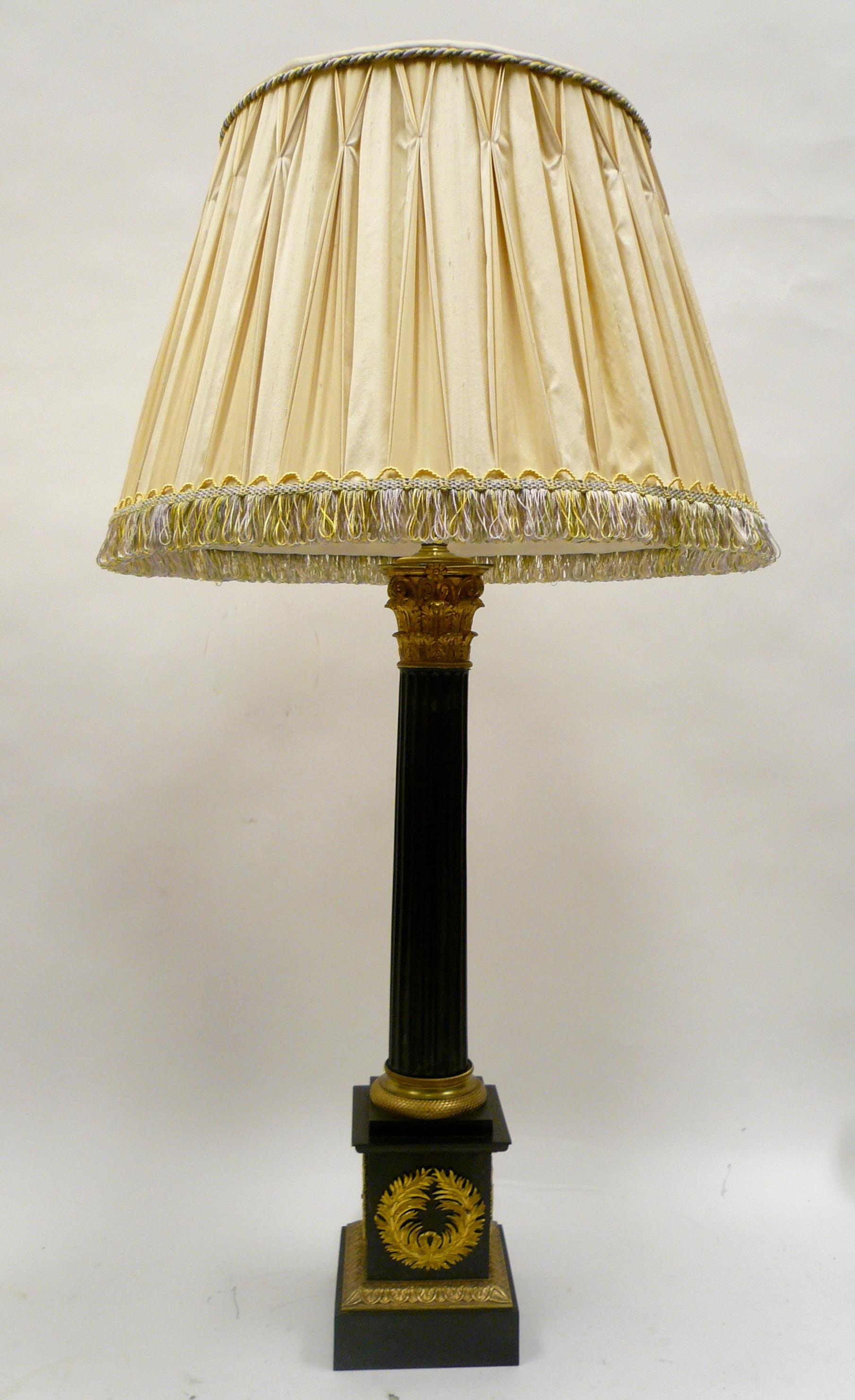 French Charles X Neoclassical Style Patinated and Gilt Bronze Columnar Form Lamps, Pair