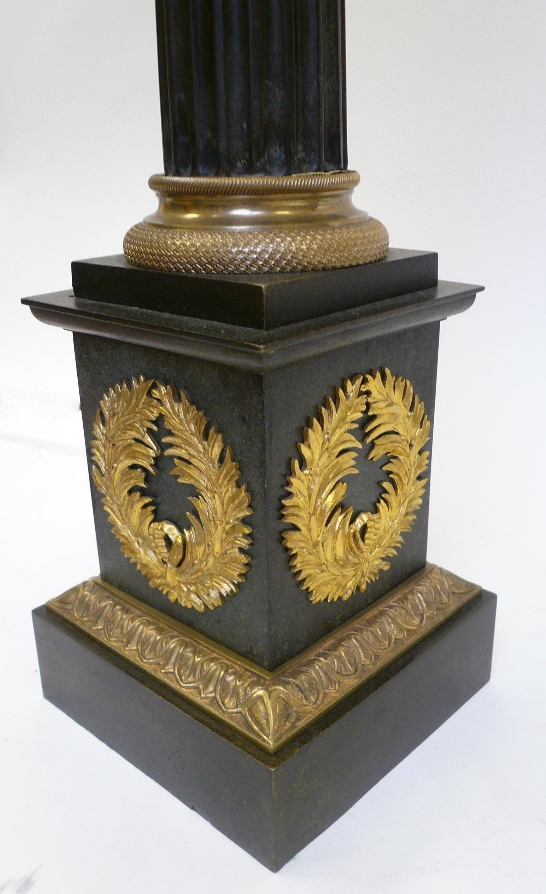 Charles X Neoclassical Style Patinated and Gilt Bronze Columnar Form Lamps, Pair In Good Condition In Pittsburgh, PA