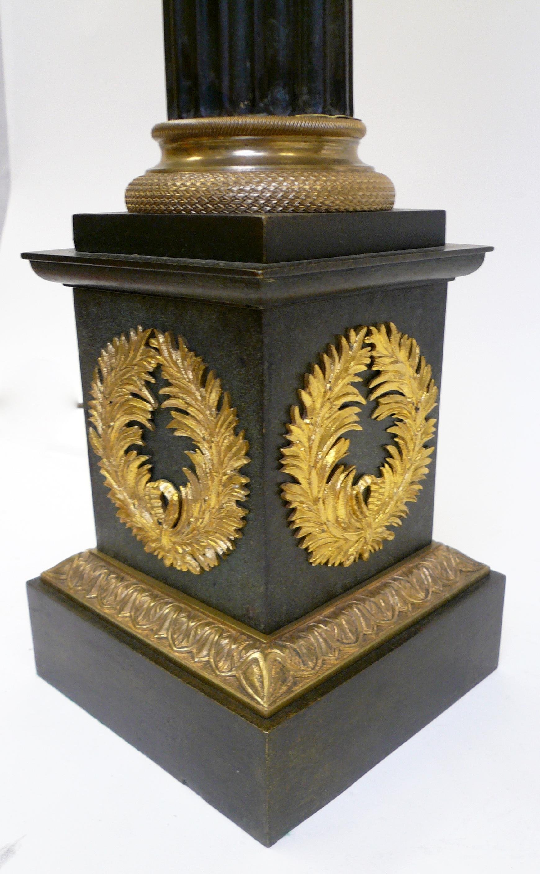 Charles X Neoclassical Style Patinated and Gilt Bronze Columnar Form Lamps, Pair 1