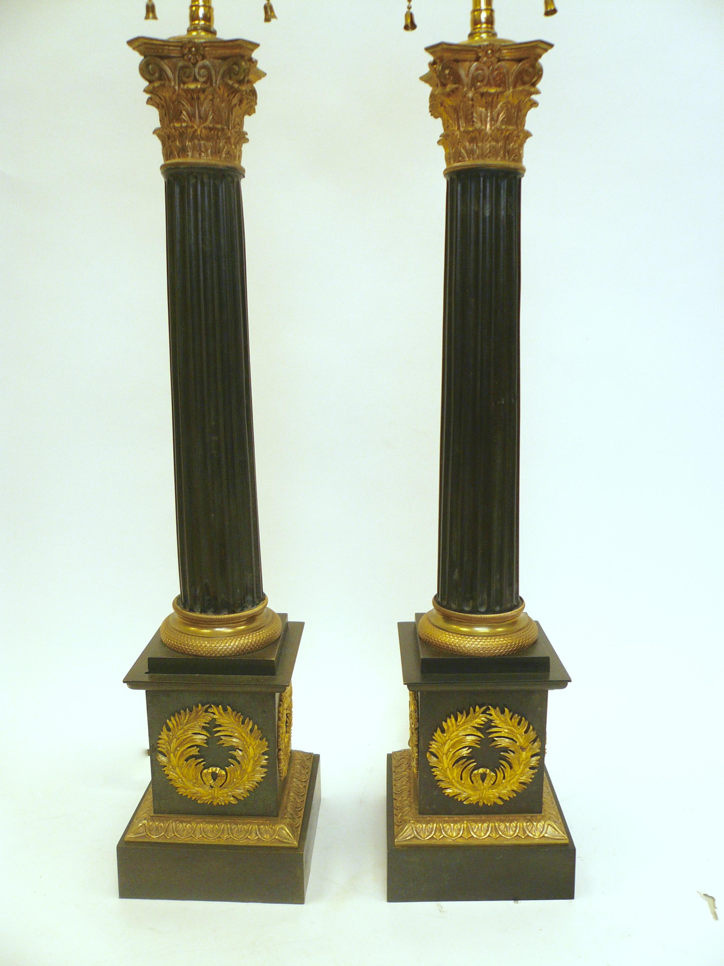 Charles X Neoclassical Style Patinated and Gilt Bronze Columnar Form Lamps, Pair 2