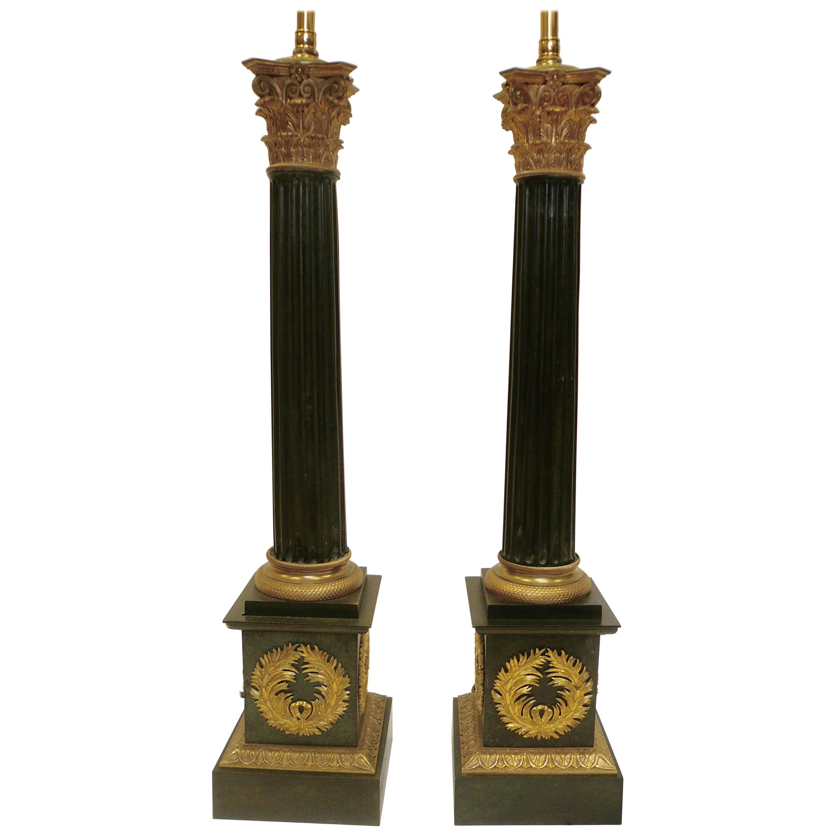 Charles X Neoclassical Style Patinated and Gilt Bronze Columnar Form Lamps, Pair