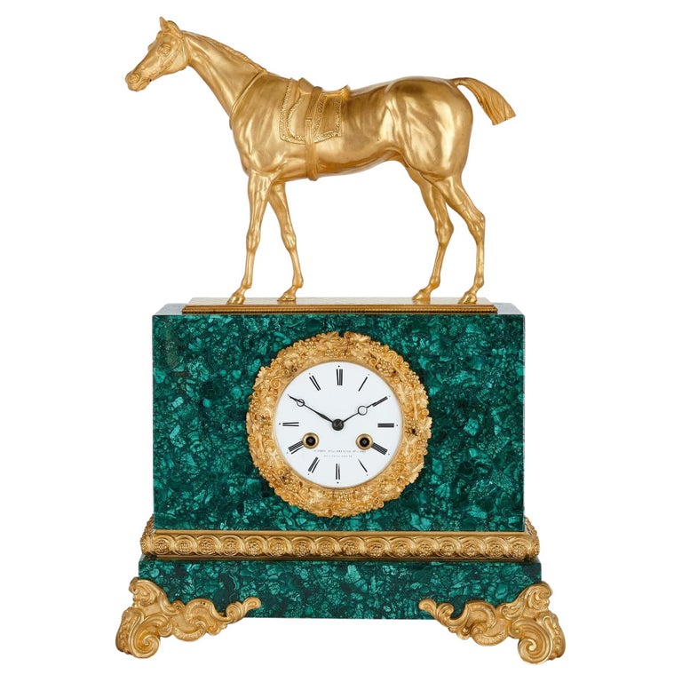 Charles X Ormolu and Malachite Equestrian Mantel Clock For Sale